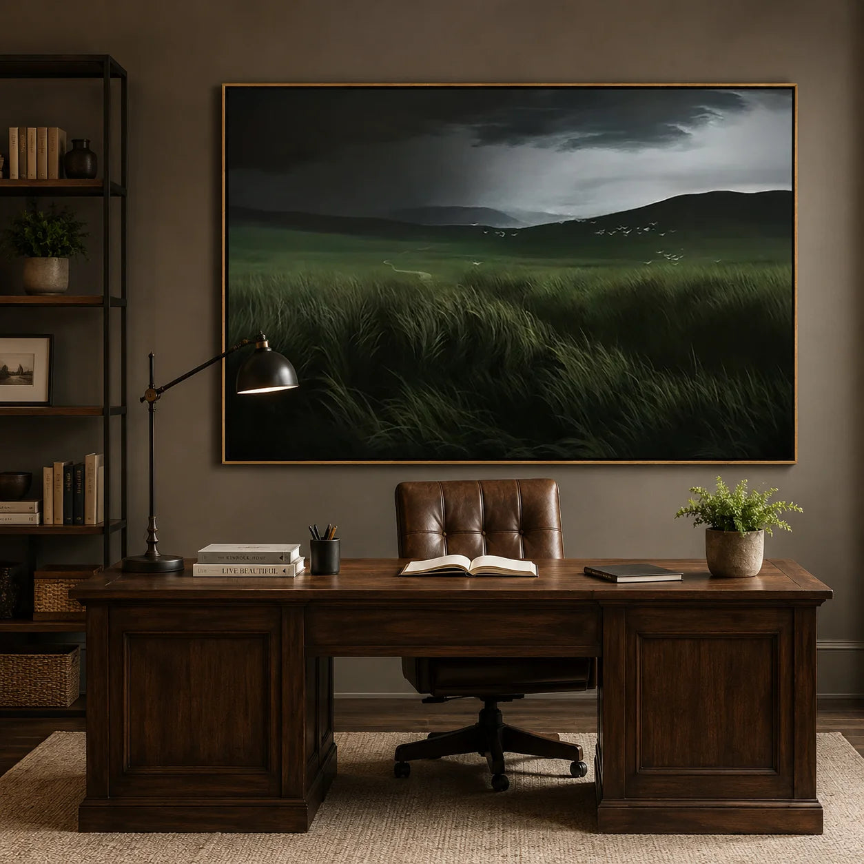 Hand-Painted Moody Landscape Oil Painting | Dark Green Meadow Wall Art for Modern Living Room Decor OA#0909