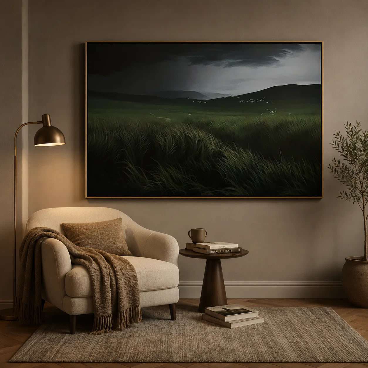 Hand-Painted Moody Landscape Oil Painting | Dark Green Meadow Wall Art for Modern Living Room Decor OA#0909