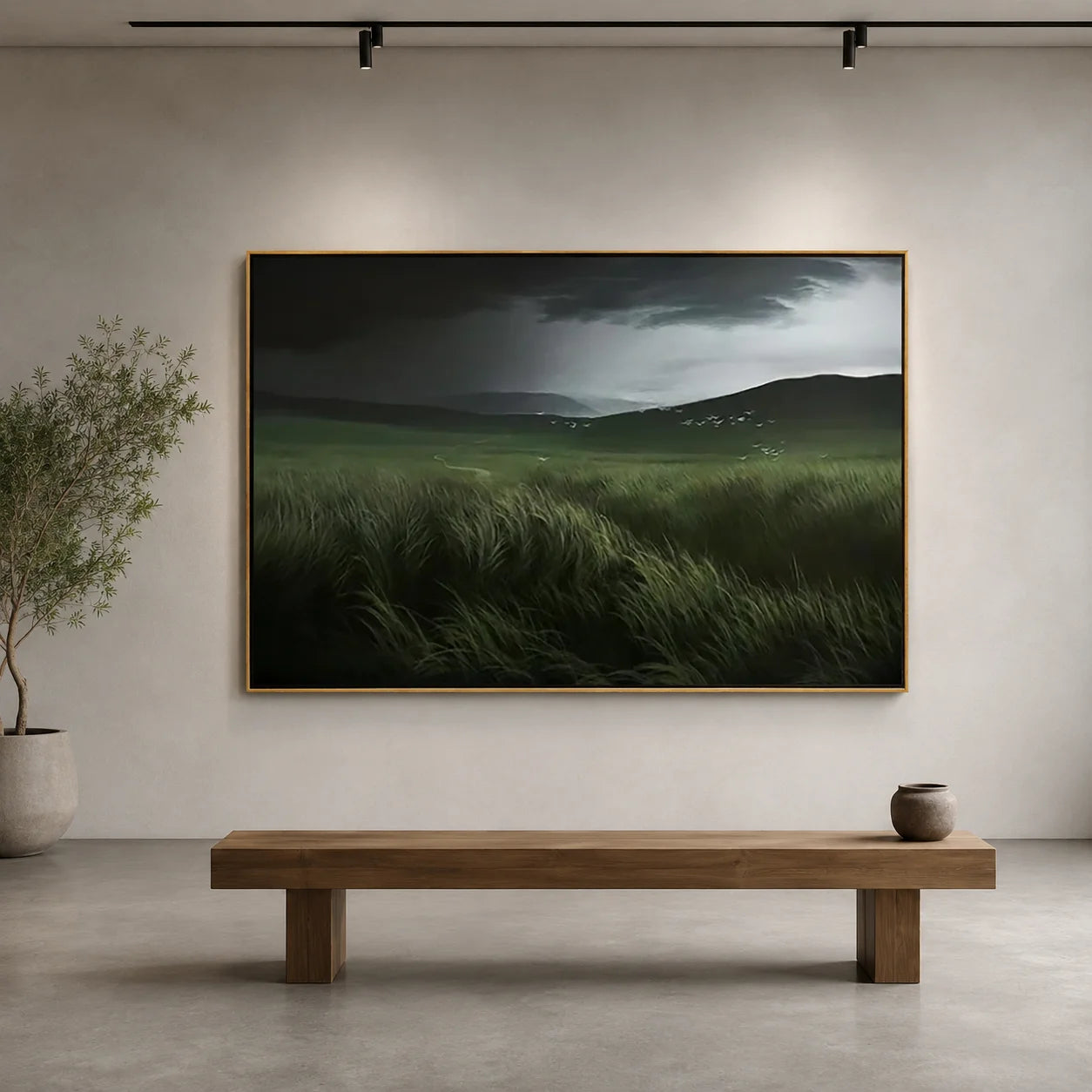 Hand-Painted Moody Landscape Oil Painting | Dark Green Meadow Wall Art for Modern Living Room Decor OA#0909