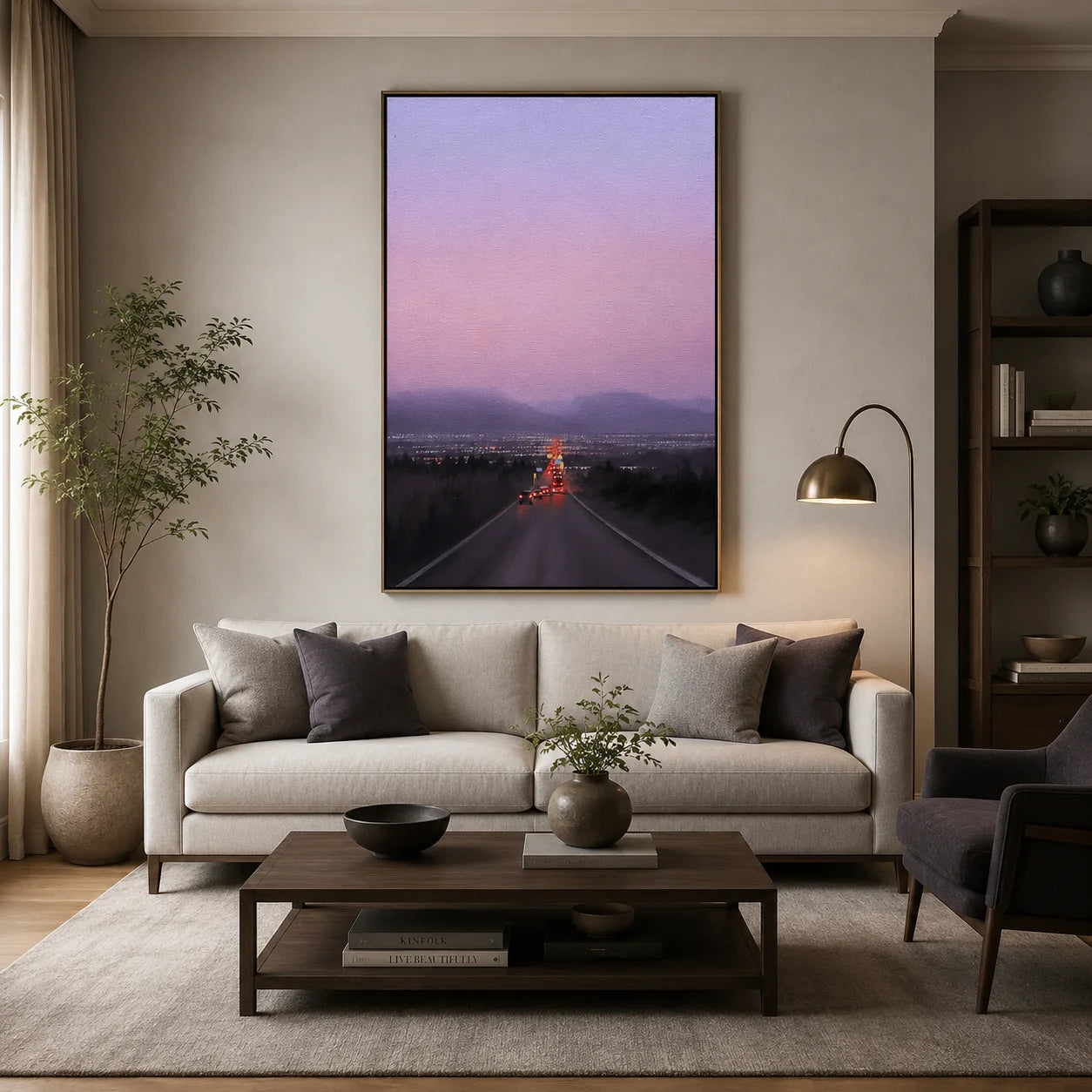 Twilight City Road Wall Art, Scenic Highway Leading to City Lights Canvas Painting for Living Room Decor #OA 0740