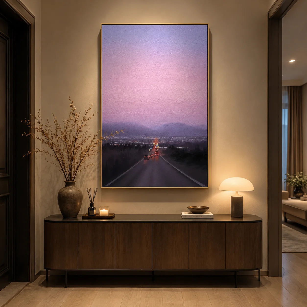 Twilight City Road Wall Art, Scenic Highway Leading to City Lights Canvas Painting for Living Room Decor #OA 0740