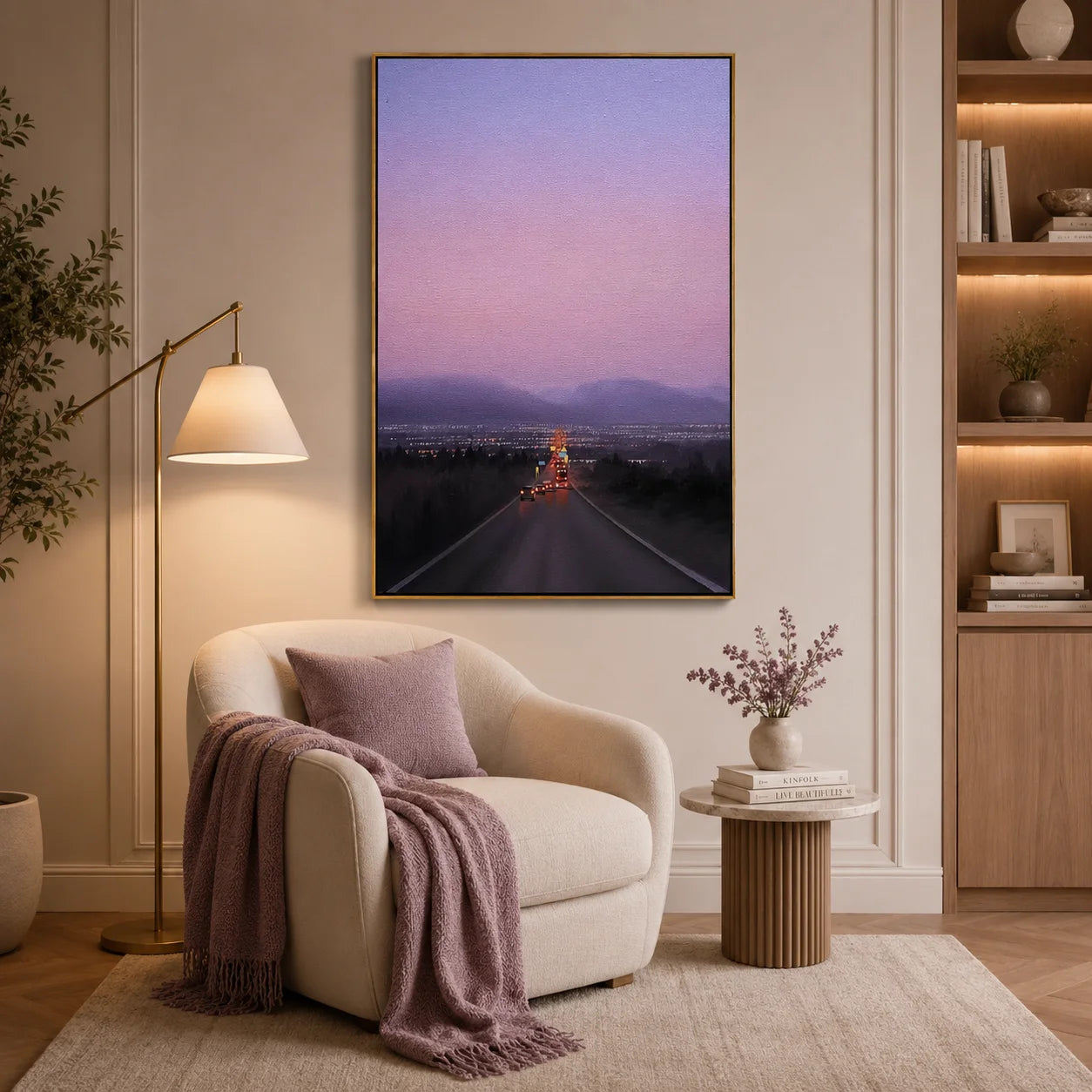 Twilight City Road Wall Art, Scenic Highway Leading to City Lights Canvas Painting for Living Room Decor #OA 0740