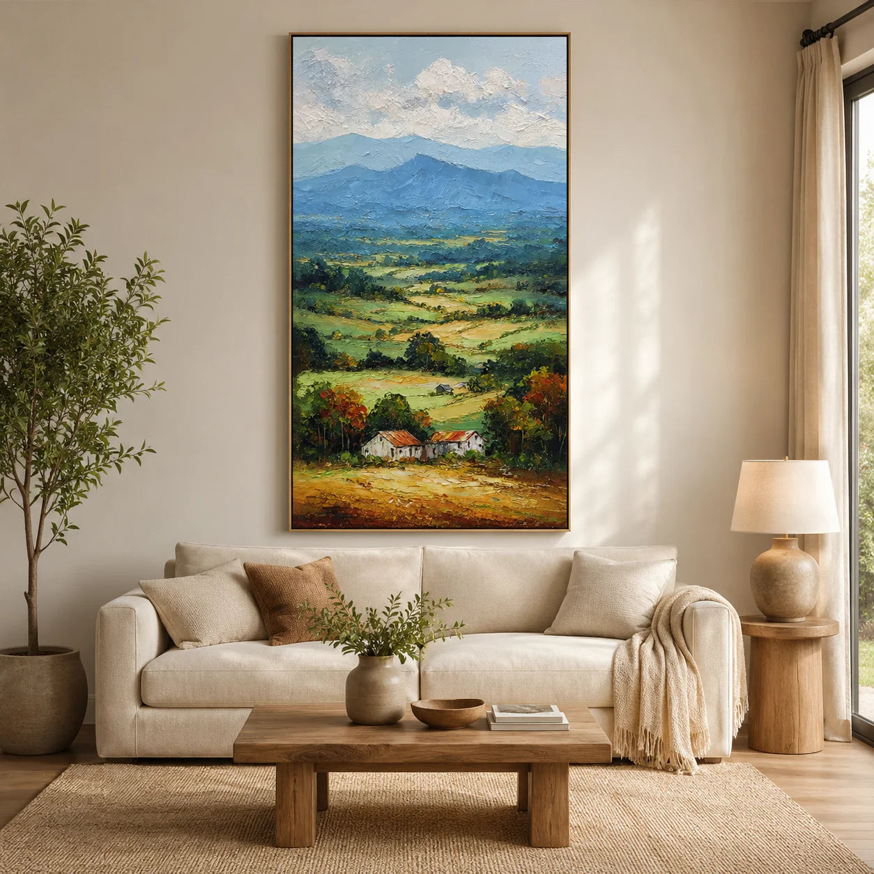 Vertical Countryside Landscape Oil Painting – Rustic Mountain Valley Canvas Wall Art#OA 0891