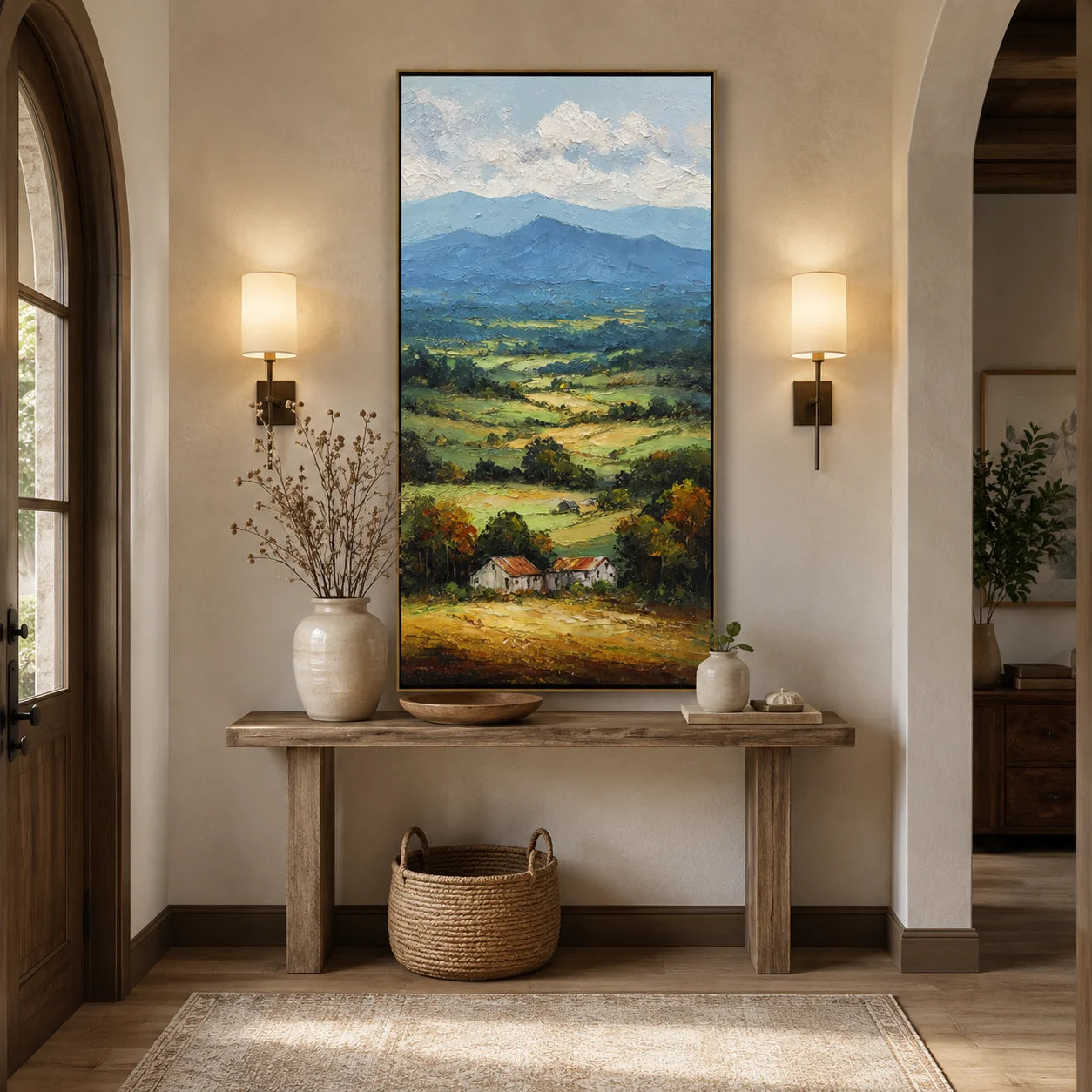 Vertical Countryside Landscape Oil Painting – Rustic Mountain Valley Canvas Wall Art#OA 0891