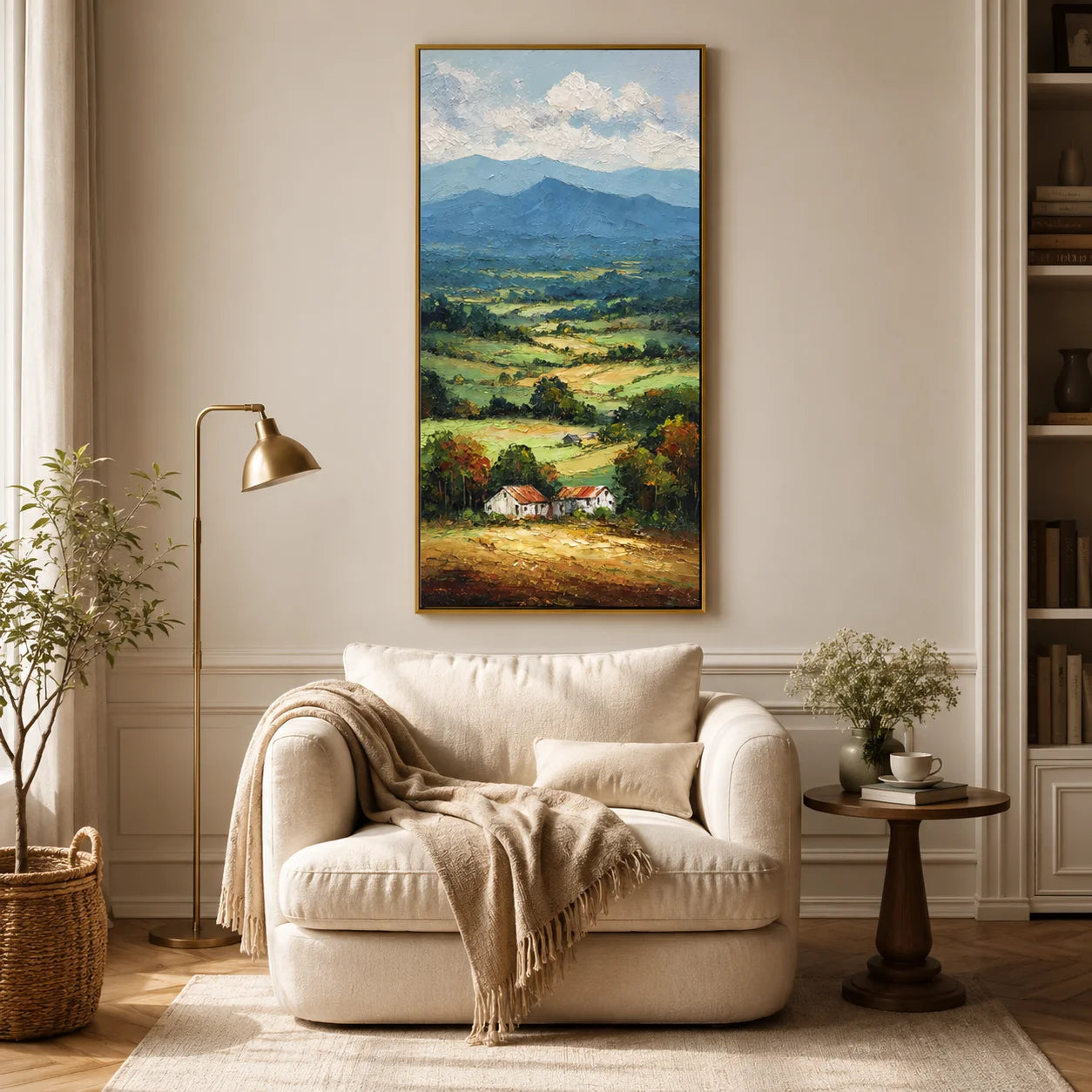 Vertical Countryside Landscape Oil Painting – Rustic Mountain Valley Canvas Wall Art#OA 0891