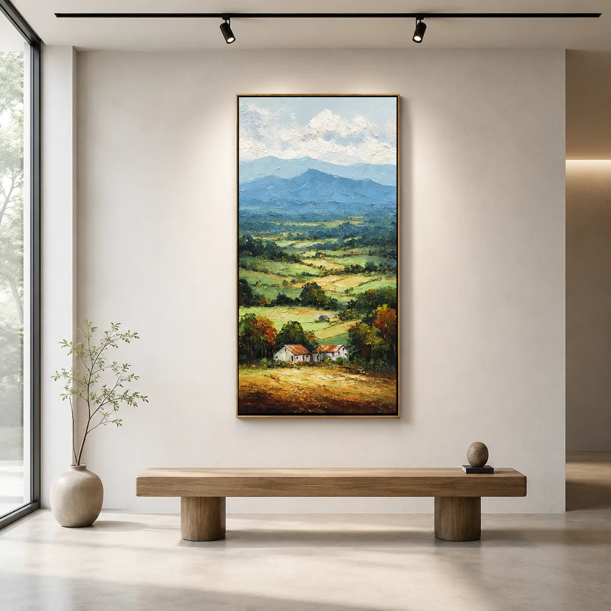 Vertical Countryside Landscape Oil Painting – Rustic Mountain Valley Canvas Wall Art#OA 0891