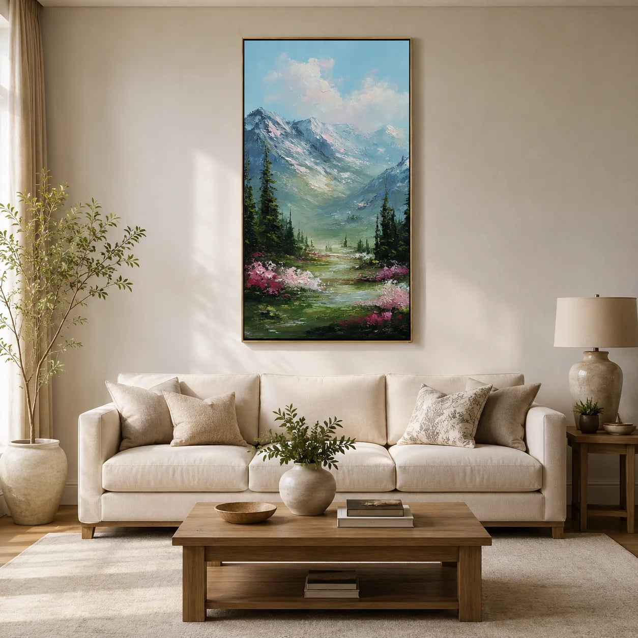 Vertical Mountain Landscape Oil Painting – Scenic Forest Valley Canvas Wall Art#OA 0890
