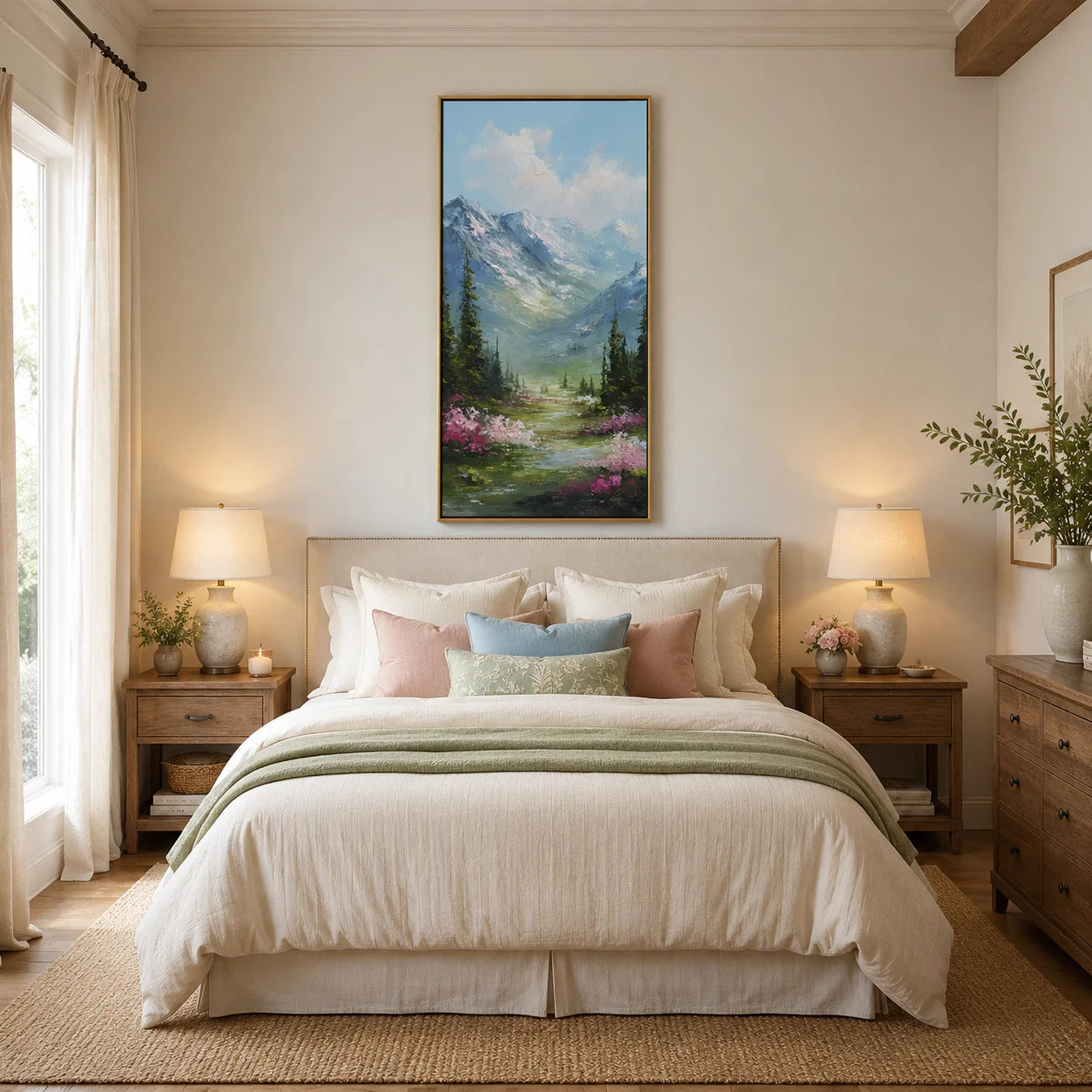 Vertical Mountain Landscape Oil Painting – Scenic Forest Valley Canvas Wall Art#OA 0890