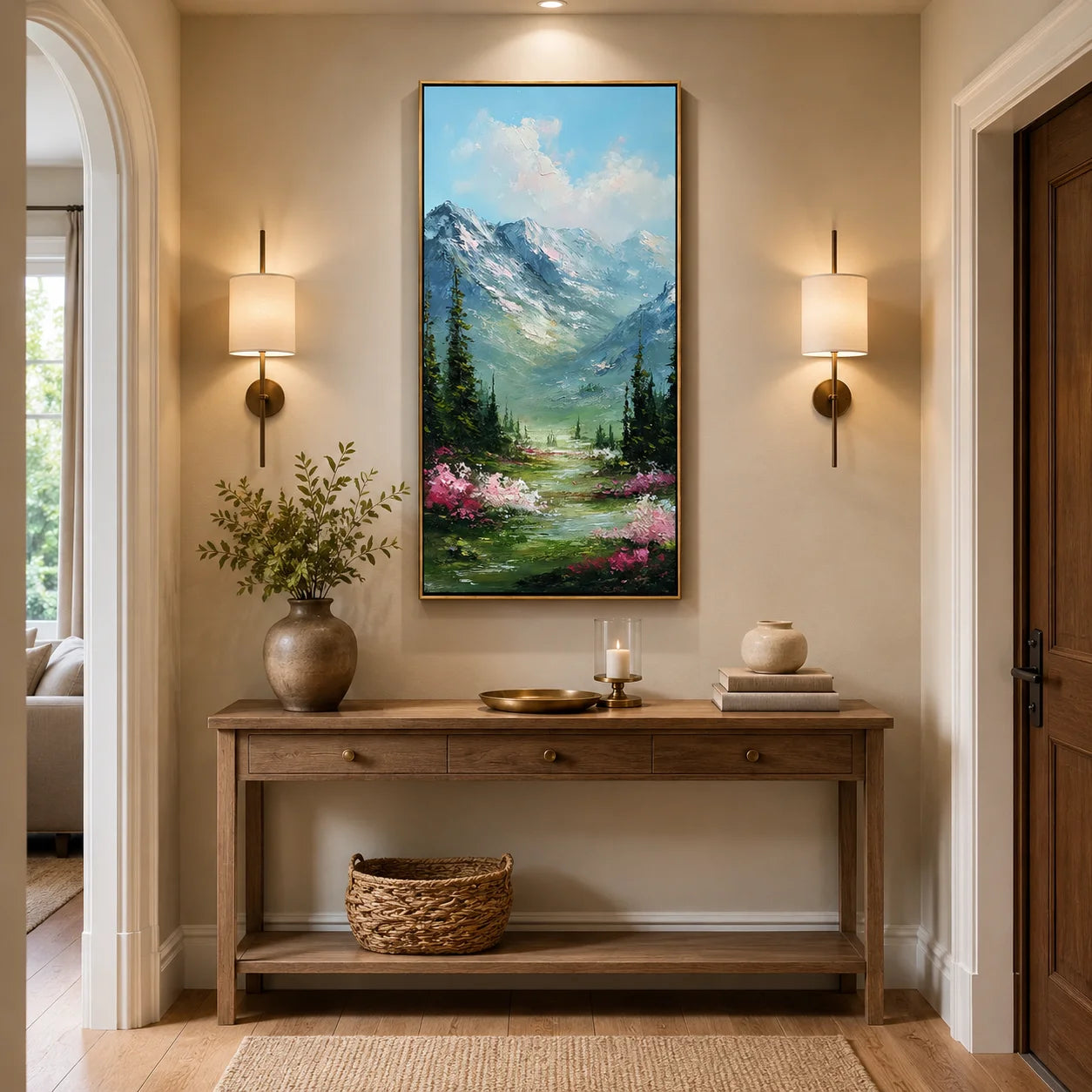 Vertical Mountain Landscape Oil Painting – Scenic Forest Valley Canvas Wall Art#OA 0890