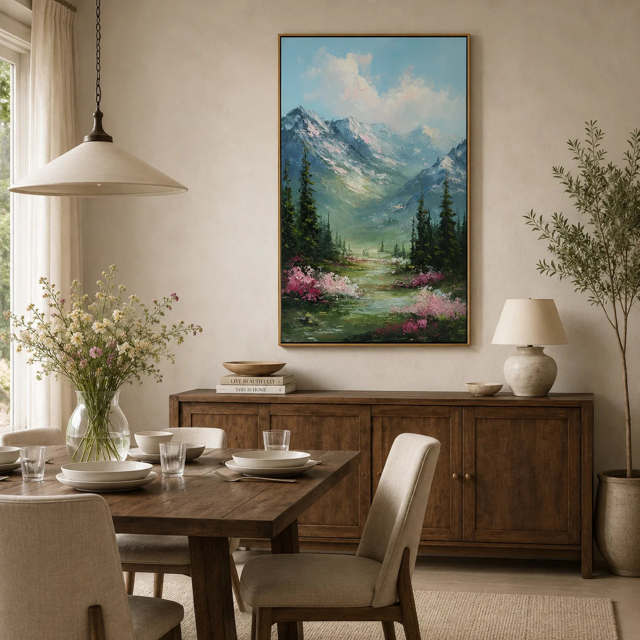 Vertical Mountain Landscape Oil Painting – Scenic Forest Valley Canvas Wall Art#OA 0890