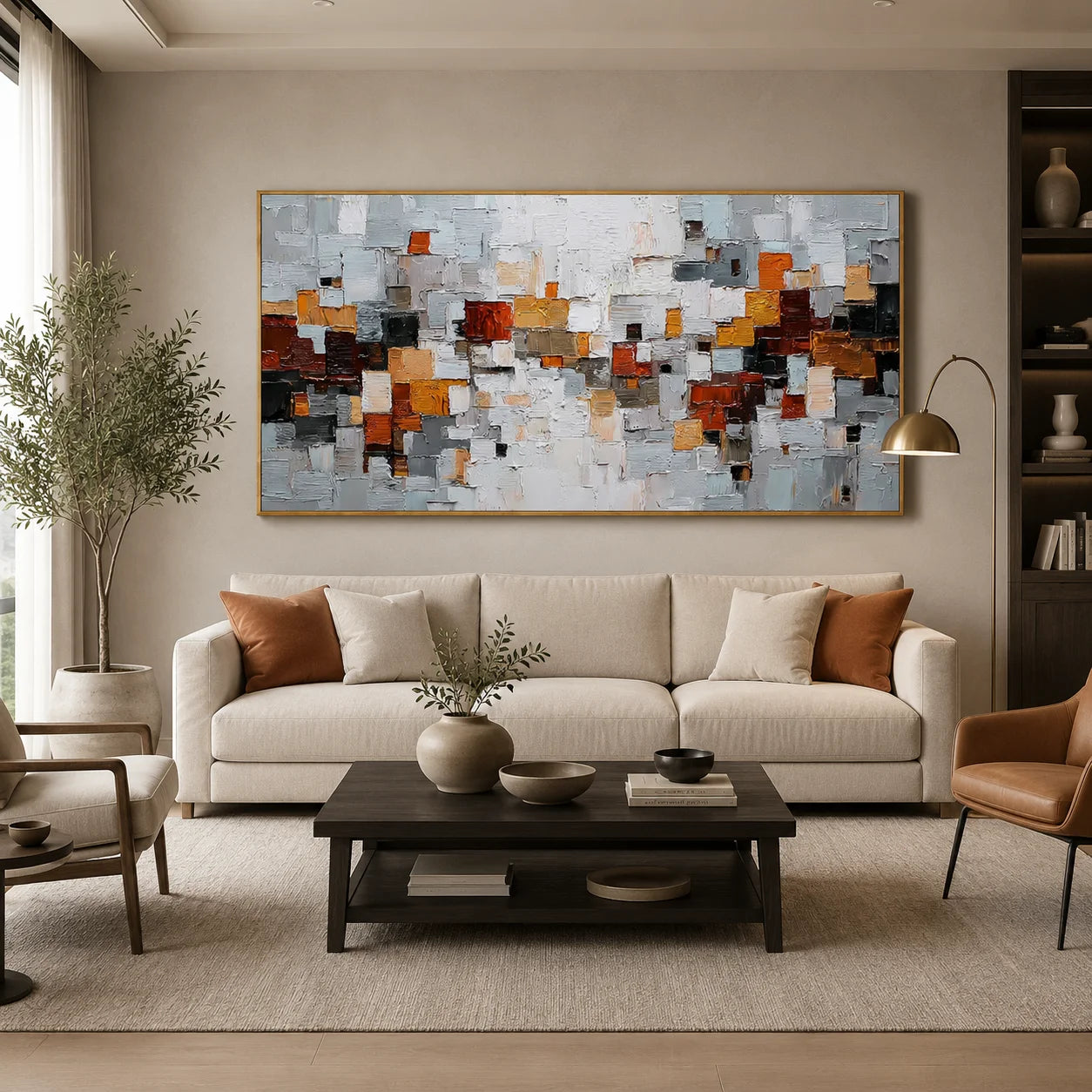 Modern Geometric Abstract Oil Painting – Gray Orange Textured Wall Art#OA 0902