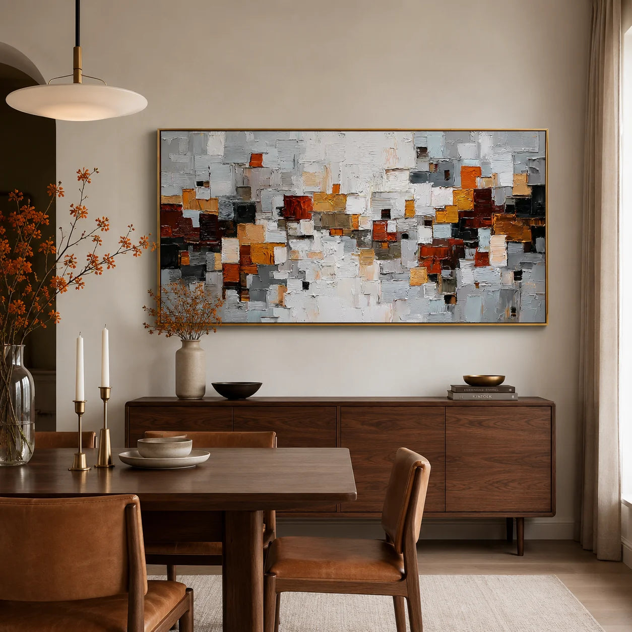 Modern Geometric Abstract Oil Painting – Gray Orange Textured Wall Art#OA 0902