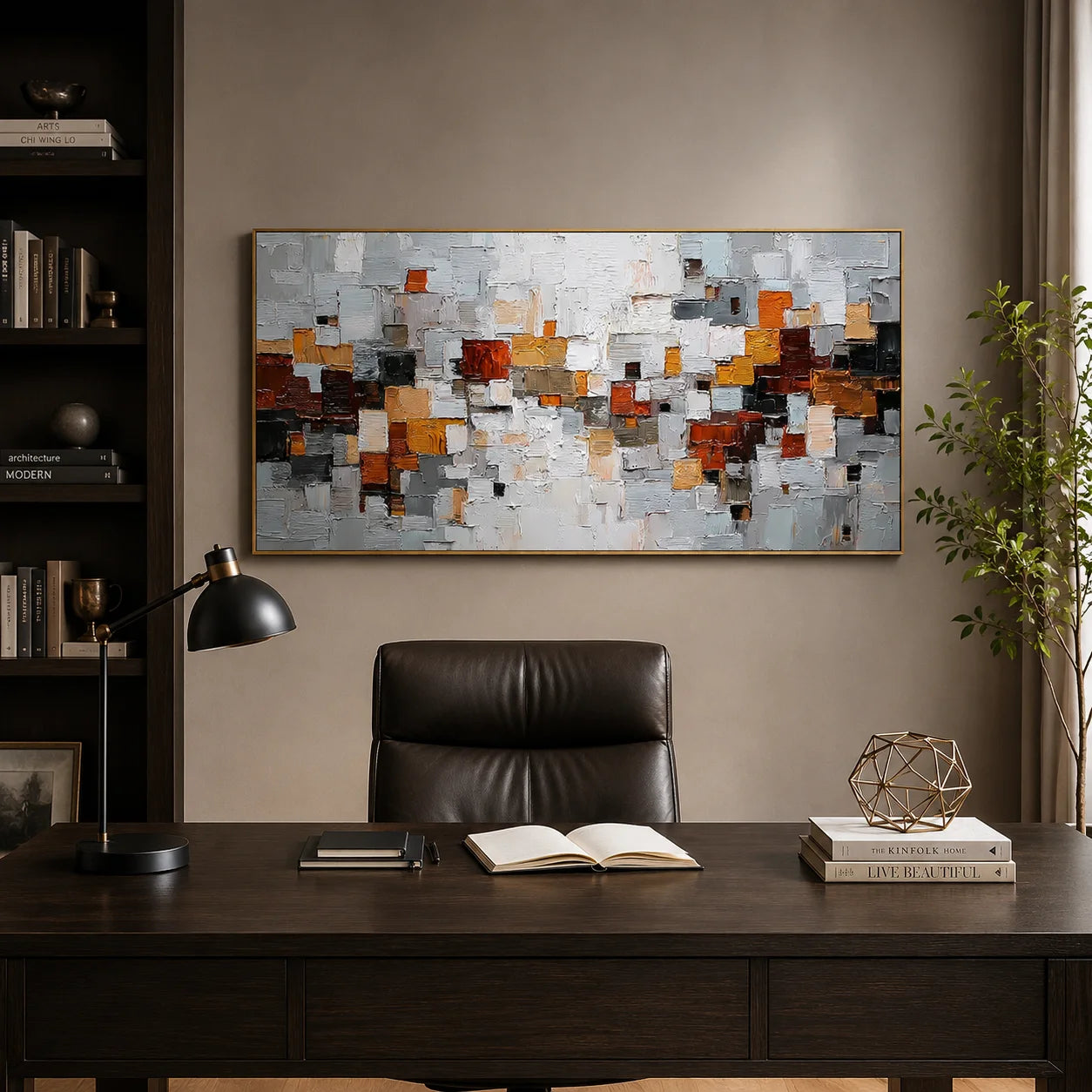 Modern Geometric Abstract Oil Painting – Gray Orange Textured Wall Art#OA 0902