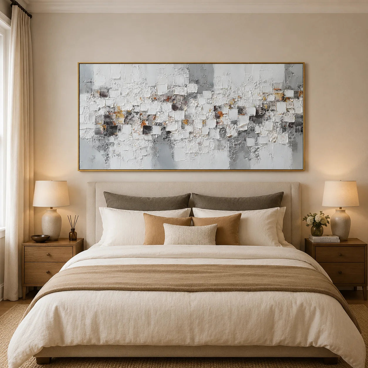 Modern Abstract Geometric Canvas Wall Art – Textured Neutral Painting for Living Room Decor#OA 0853