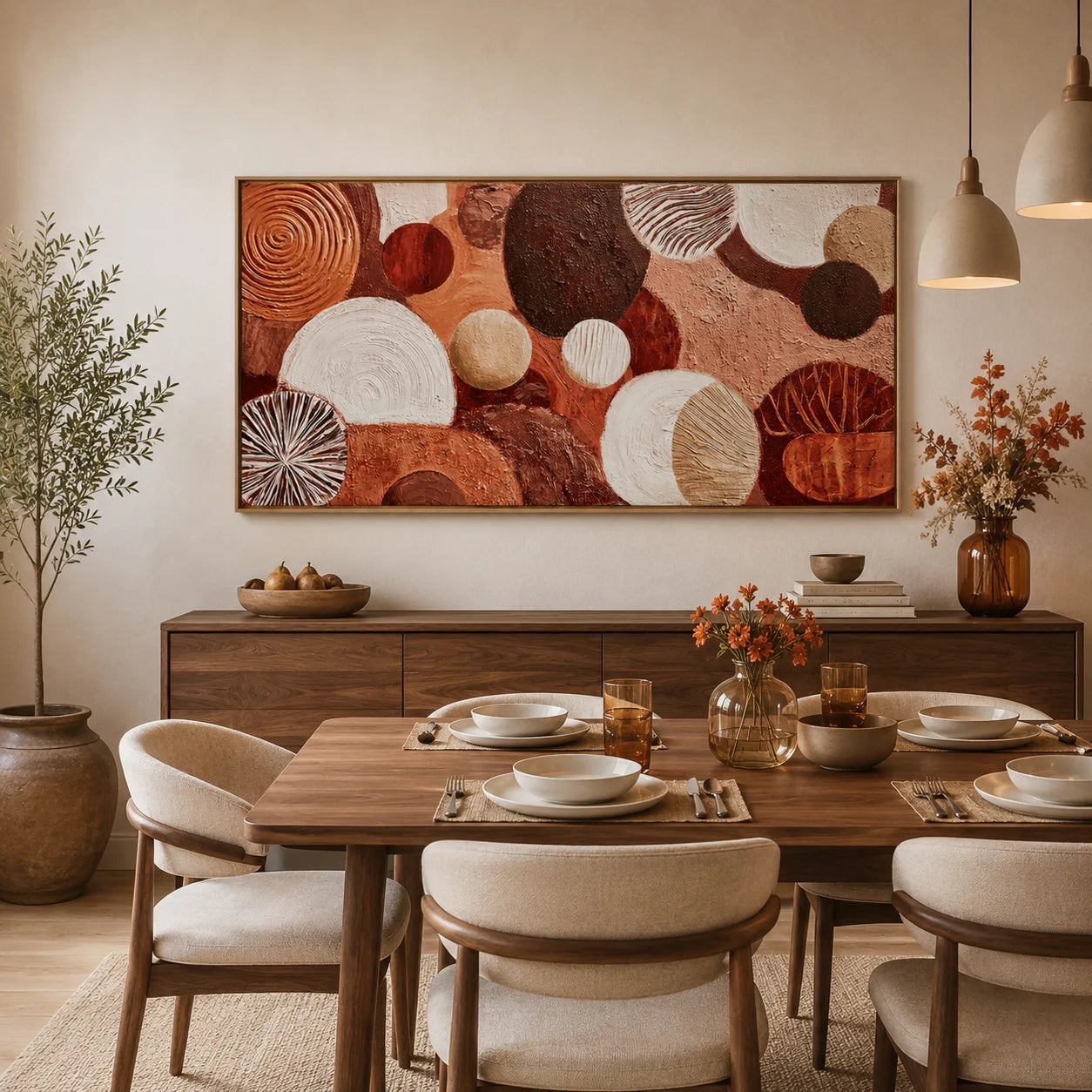 Large Abstract Circle Canvas Wall Art – Boho Earth Tone Textured Painting for Modern Living Room Decor#OA 0837