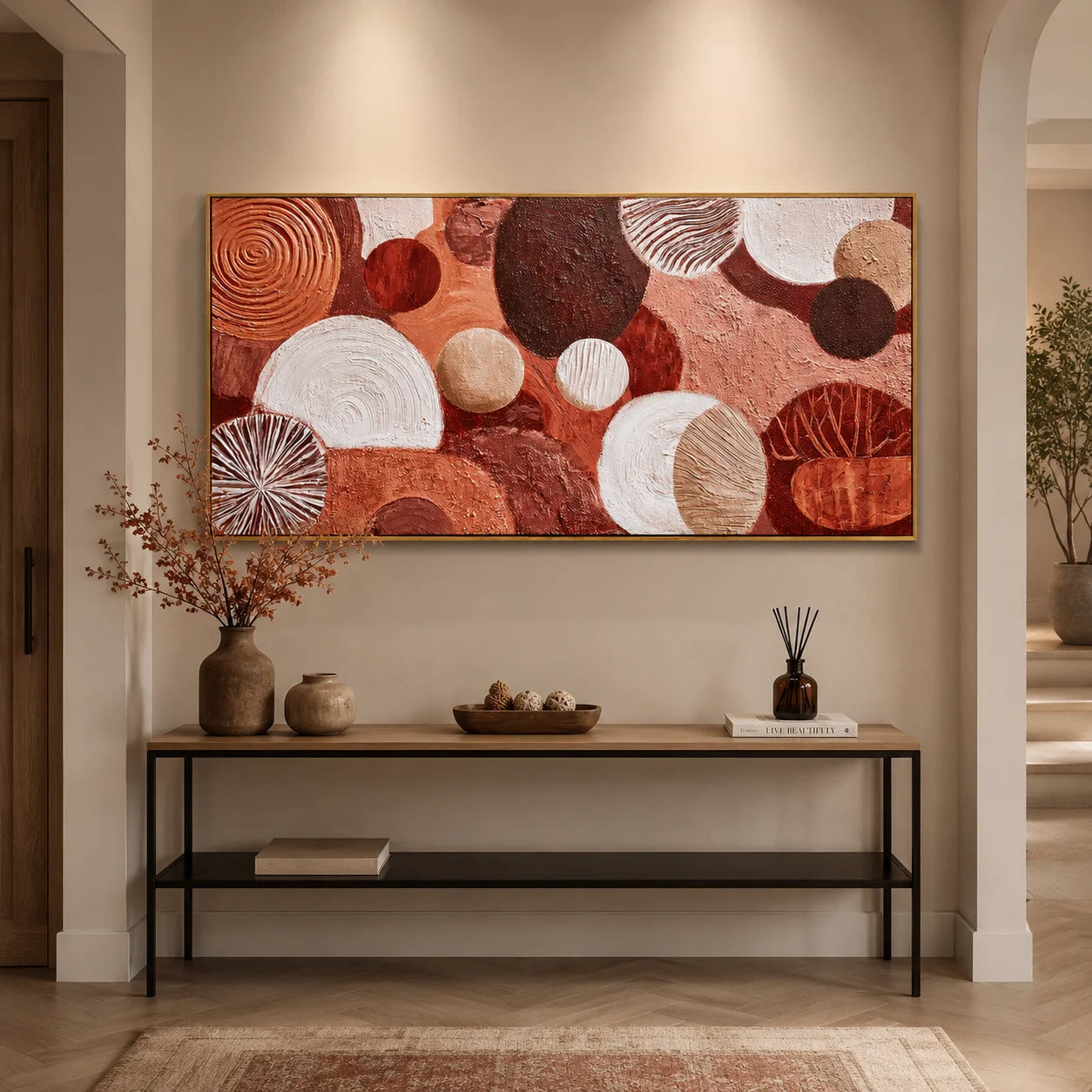 Large Abstract Circle Canvas Wall Art – Boho Earth Tone Textured Painting for Modern Living Room Decor#OA 0837