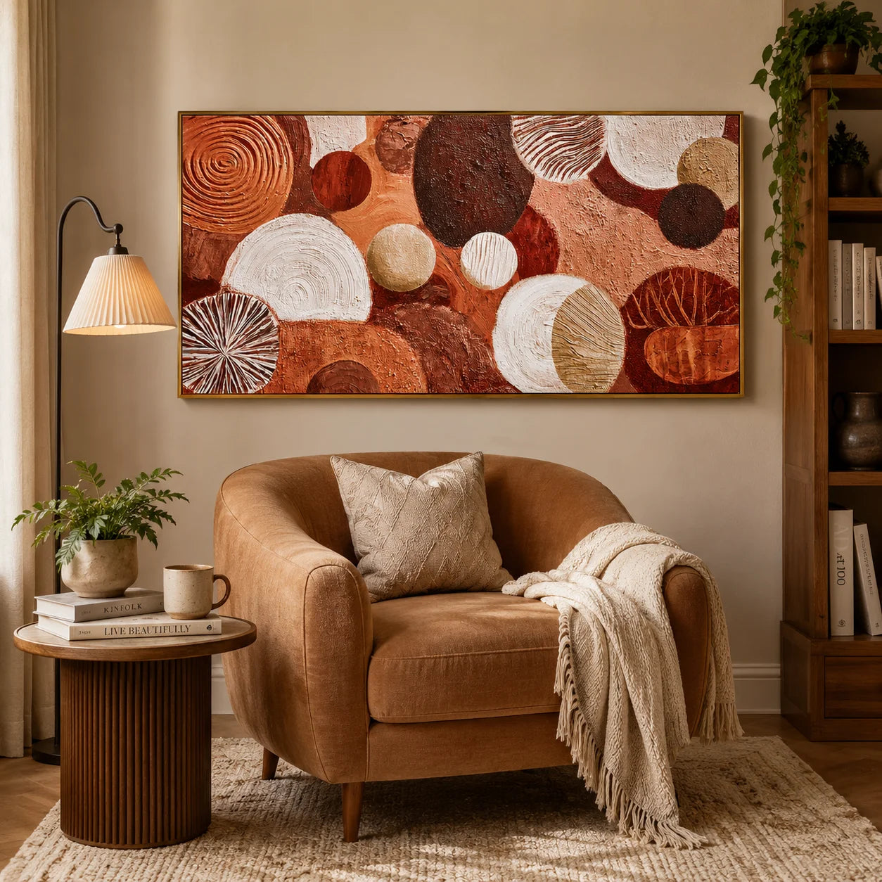 Large Abstract Circle Canvas Wall Art – Boho Earth Tone Textured Painting for Modern Living Room Decor#OA 0837