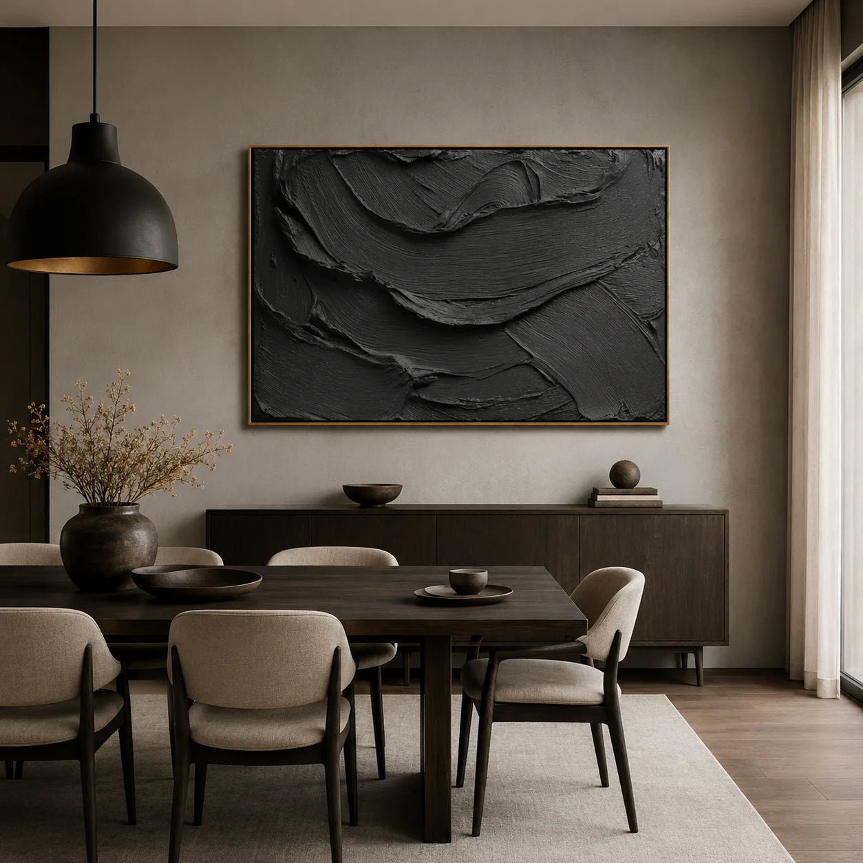 Black Textured Abstract Wall Art – Modern Minimalist Impasto Canvas Painting for Living Room Decor #OA 0804
