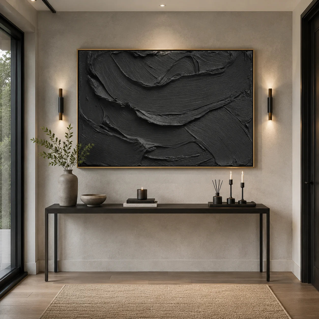 Black Textured Abstract Wall Art – Modern Minimalist Impasto Canvas Painting for Living Room Decor #OA 0804