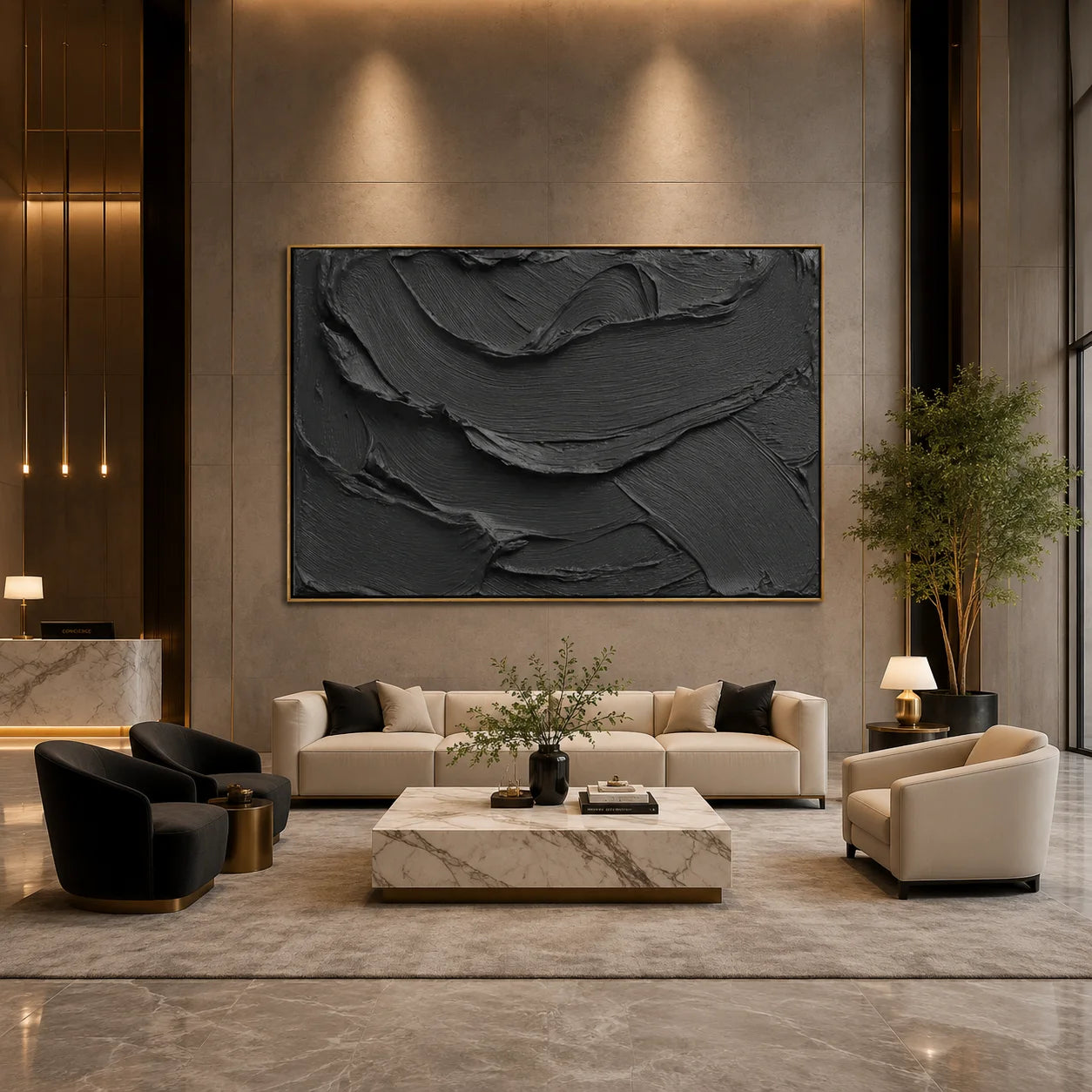 Black Textured Abstract Wall Art – Modern Minimalist Impasto Canvas Painting for Living Room Decor #OA 0804