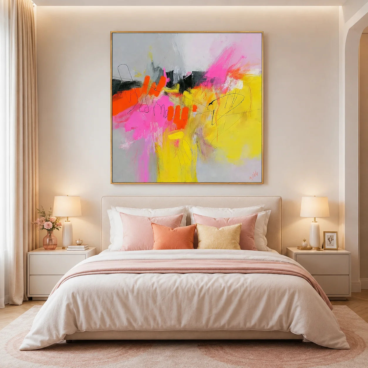 Colorful Abstract Expressionist Wall Art, Pink and Yellow Modern Canvas Painting for Living Room Decor #OA 0504