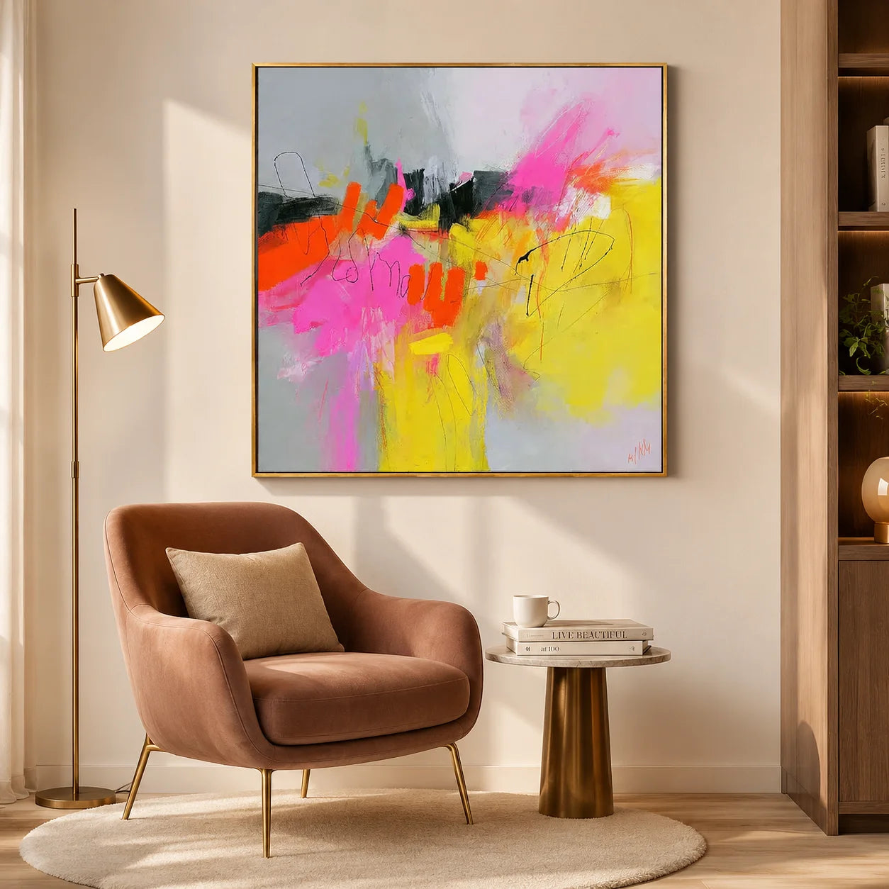 Colorful Abstract Expressionist Wall Art, Pink and Yellow Modern Canvas Painting for Living Room Decor #OA 0504