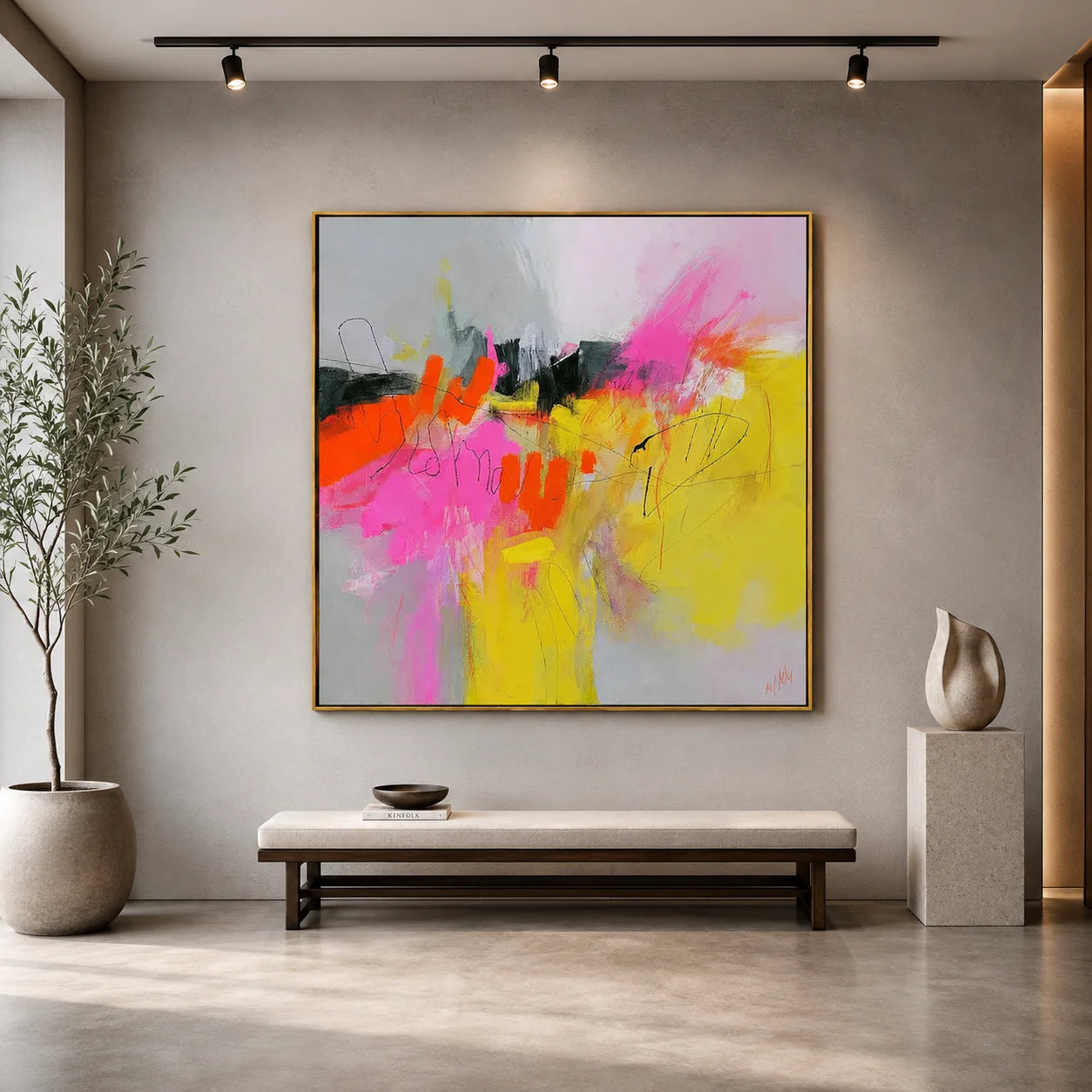 Colorful Abstract Expressionist Wall Art, Pink and Yellow Modern Canvas Painting for Living Room Decor #OA 0504