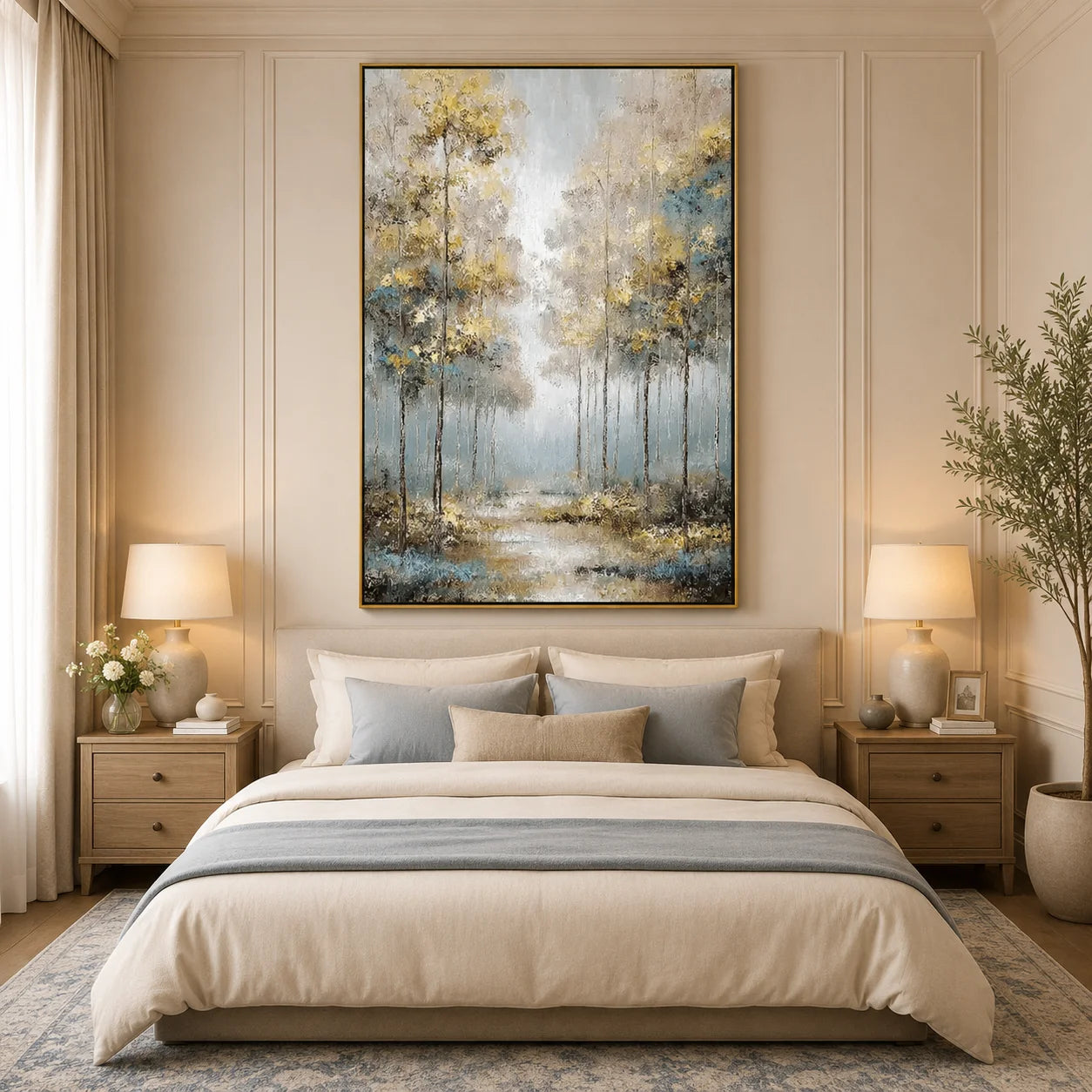 Golden Abstract Forest Wall Art, Modern Blue and Gold Landscape Canvas Painting for Living Room Decor #OA 0568