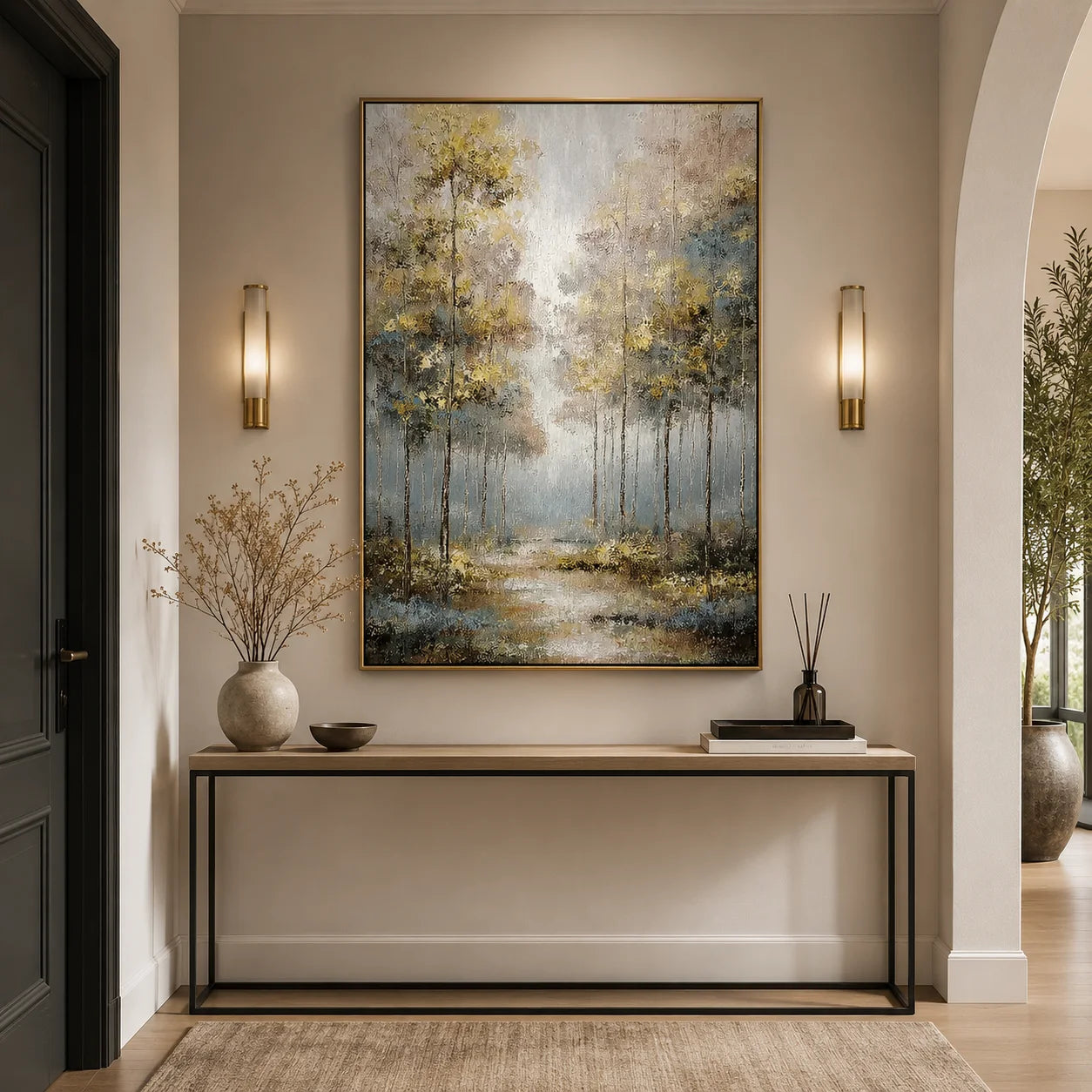 Golden Abstract Forest Wall Art, Modern Blue and Gold Landscape Canvas Painting for Living Room Decor #OA 0568