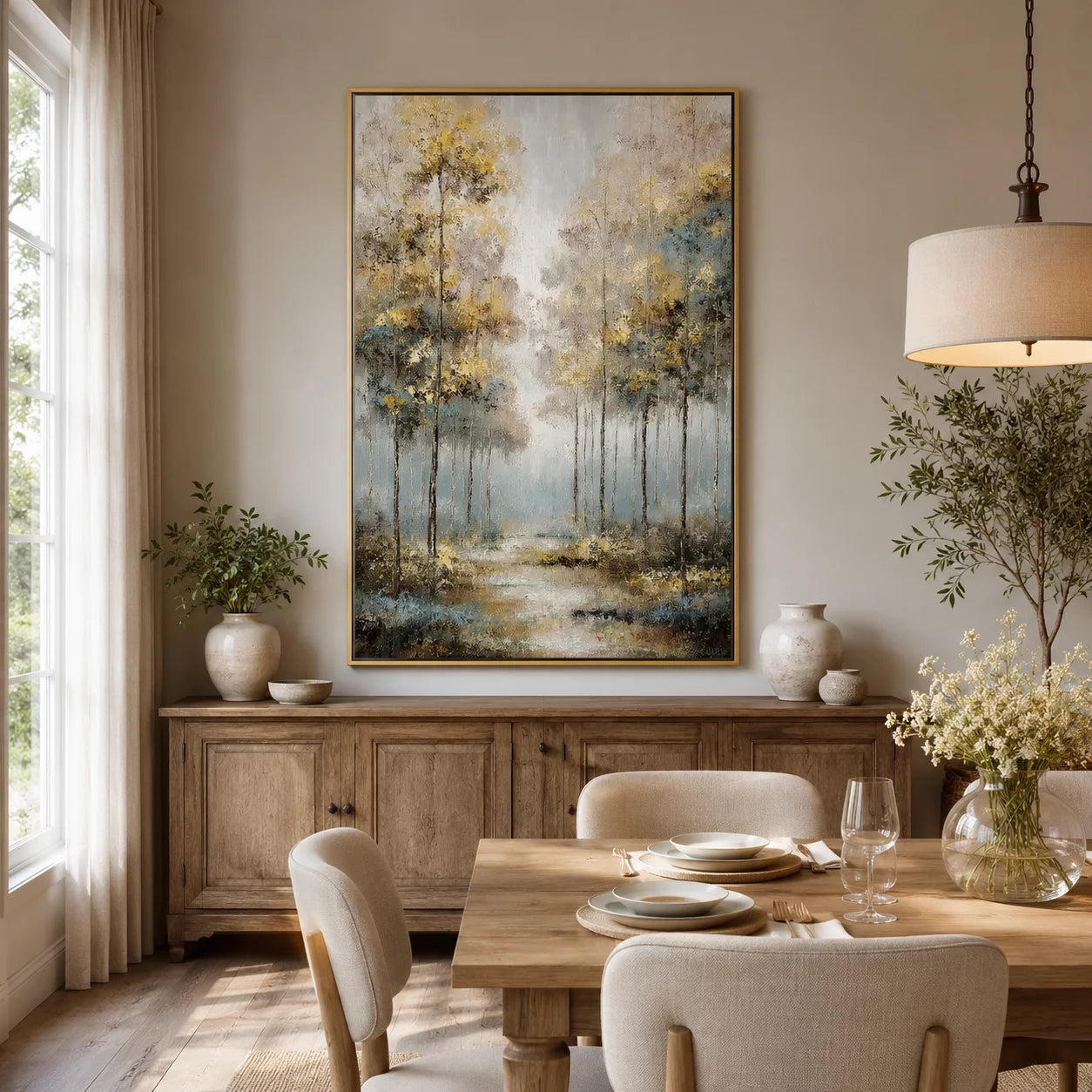 Golden Abstract Forest Wall Art, Modern Blue and Gold Landscape Canvas Painting for Living Room Decor #OA 0568