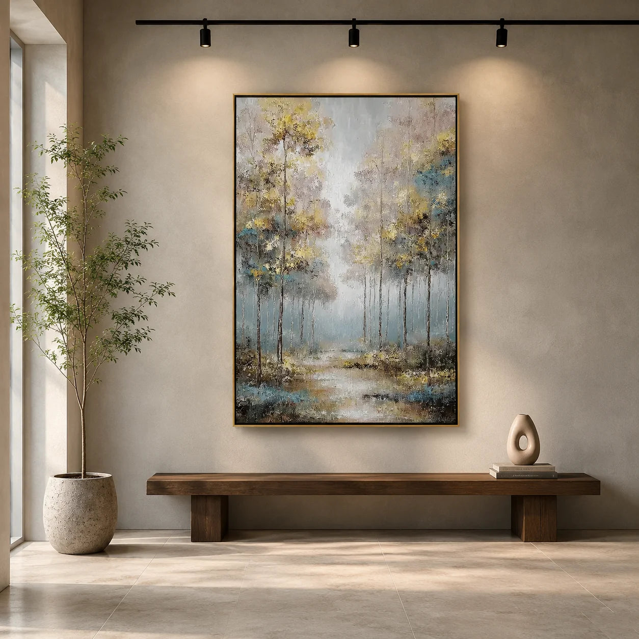 Golden Abstract Forest Wall Art, Modern Blue and Gold Landscape Canvas Painting for Living Room Decor #OA 0568
