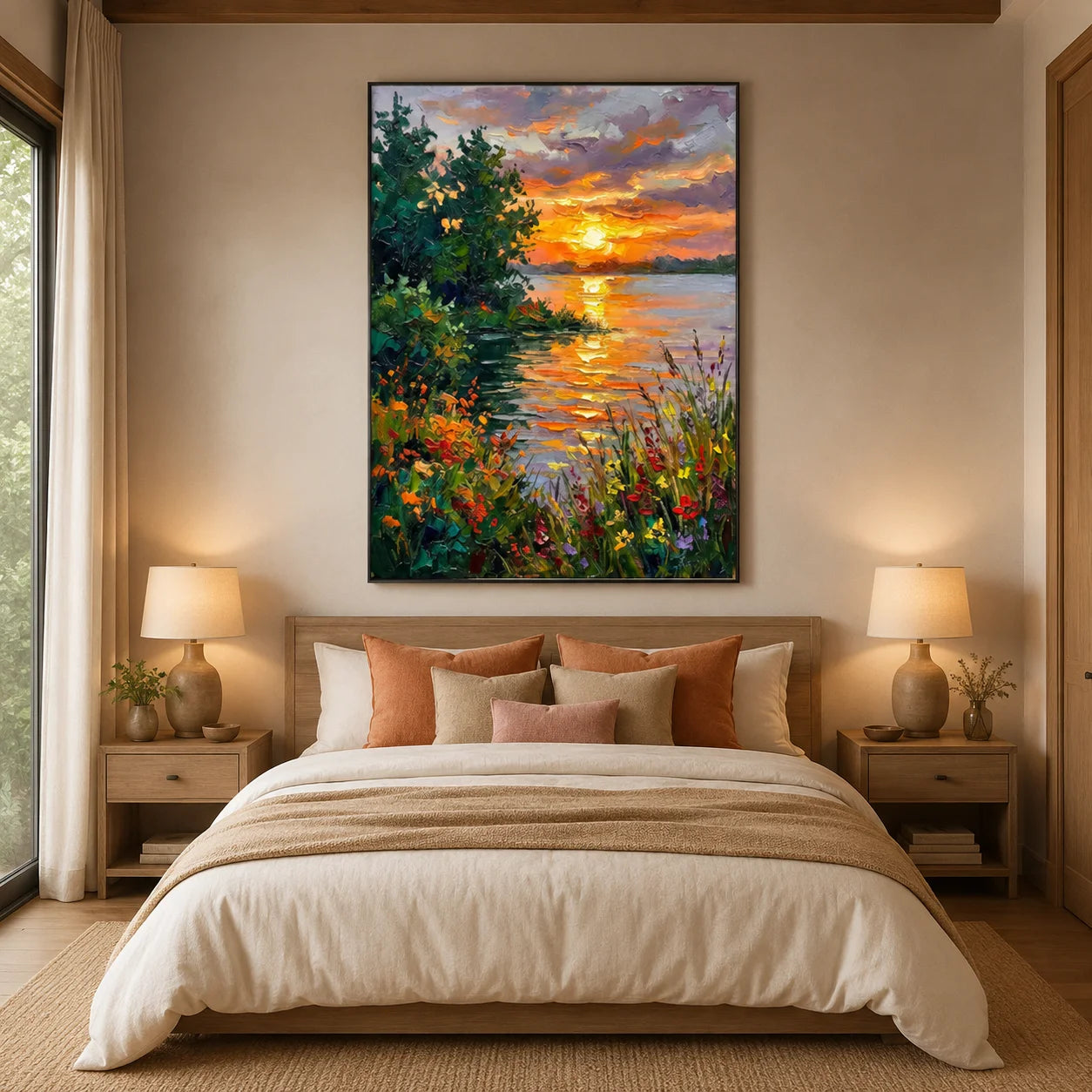 Colorful Sunset Lake Landscape Wall Art – Impressionist Nature Canvas Painting for Living Room Decor