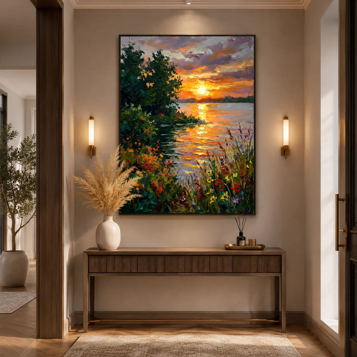 Colorful Sunset Lake Landscape Wall Art – Impressionist Nature Canvas Painting for Living Room Decor