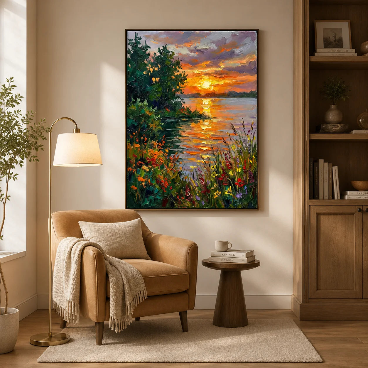 Colorful Sunset Lake Landscape Wall Art – Impressionist Nature Canvas Painting for Living Room Decor