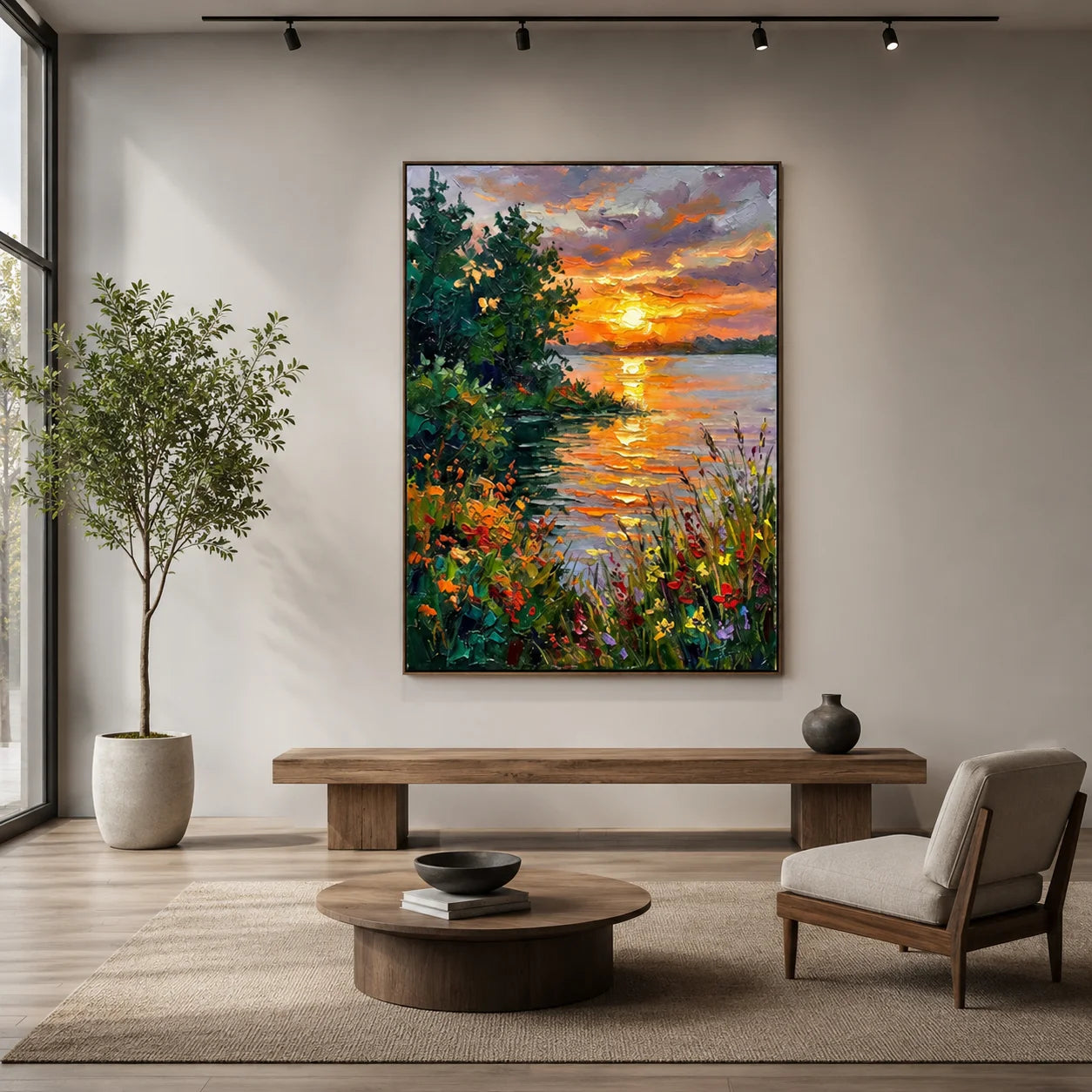 Colorful Sunset Lake Landscape Wall Art – Impressionist Nature Canvas Painting for Living Room Decor