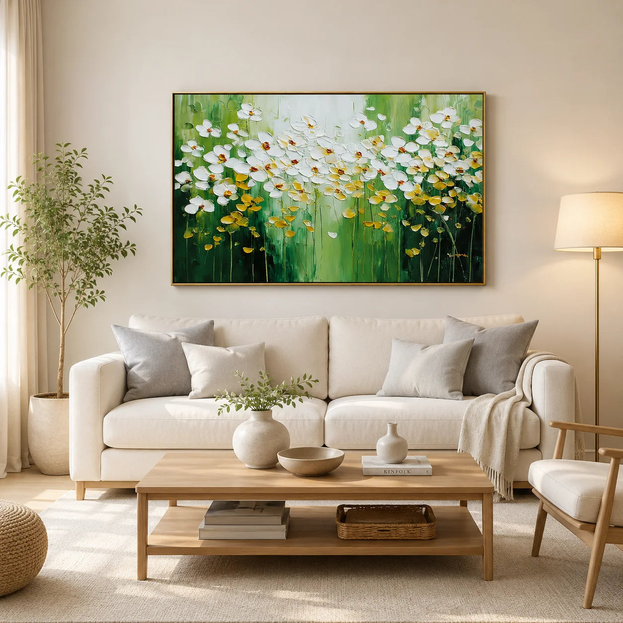 White Floral Oil Painting Canvas – Green Abstract Flower Wall Art for Living Room Modern Home Decor #OA 0476