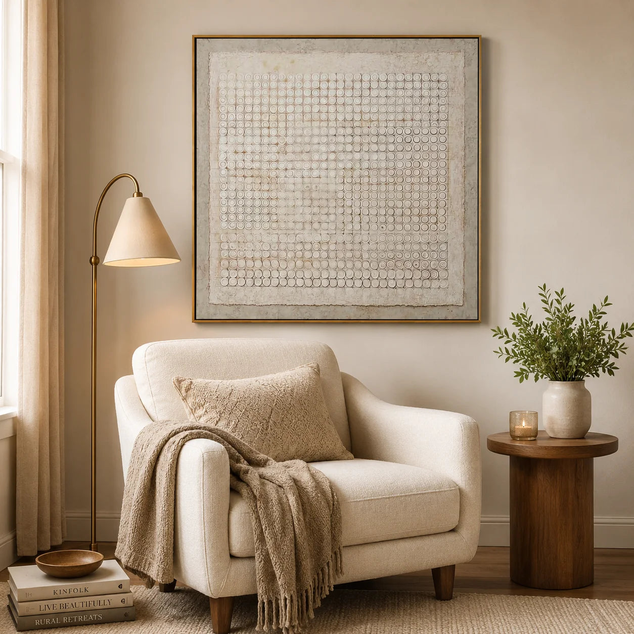 White Textured Geometric Abstract Wall Art, Neutral Circle Pattern Canvas Painting for Living Room Décor #OA 0006