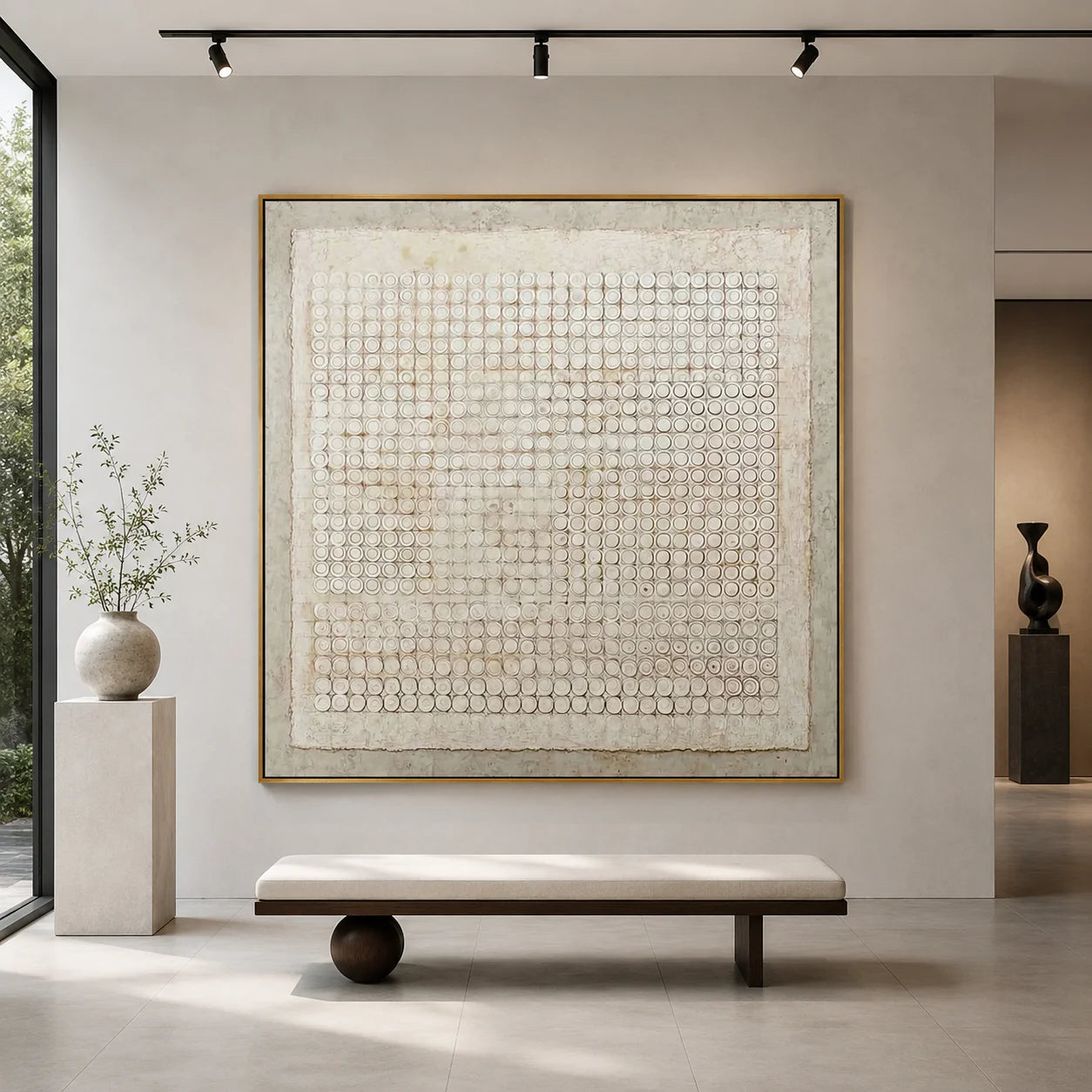 White Textured Geometric Abstract Wall Art, Neutral Circle Pattern Canvas Painting for Living Room Décor #OA 0006