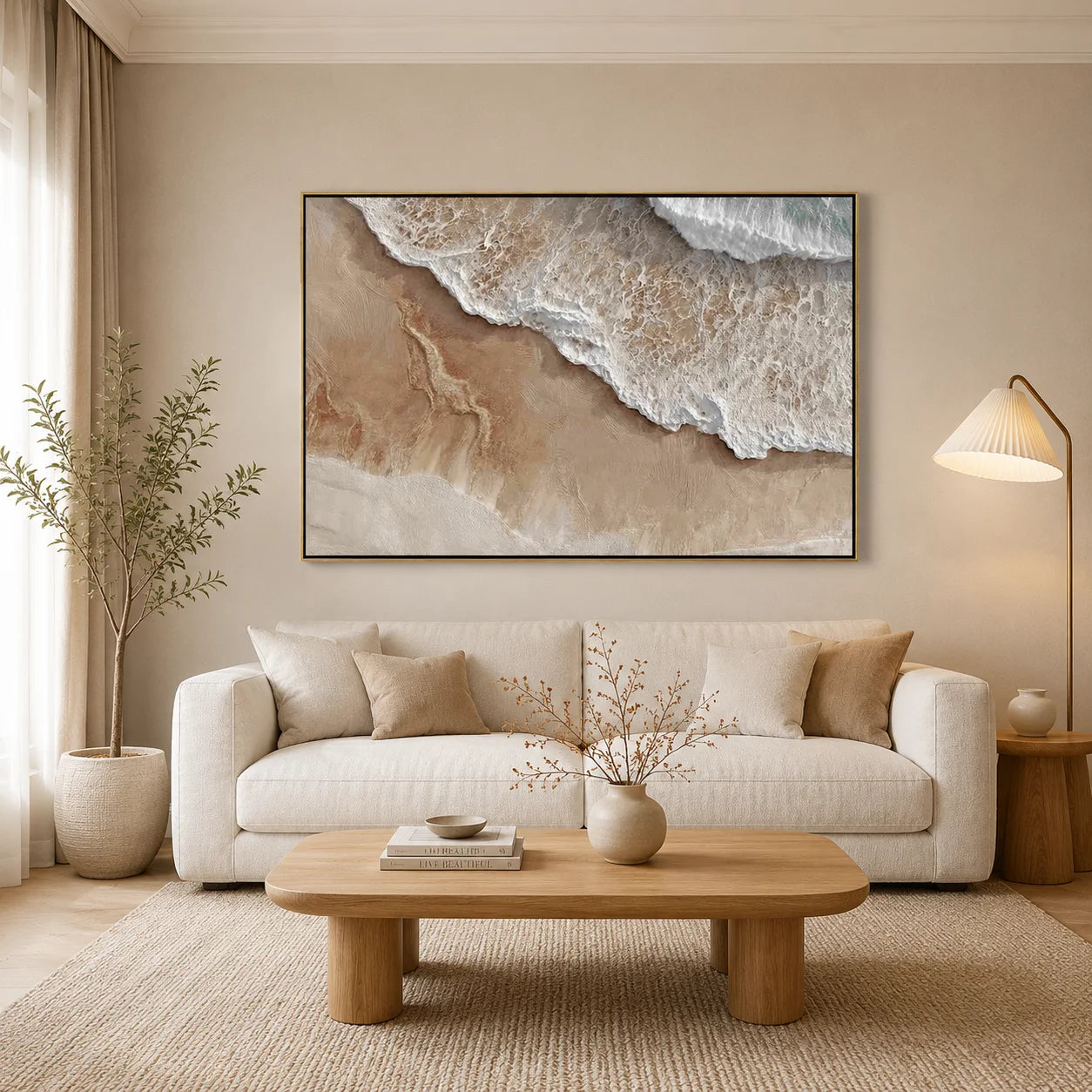 Large Neutral Ocean Wave Canvas Painting | Modern Coastal Beach Wall Art Handmade Oil Painting#OA0002