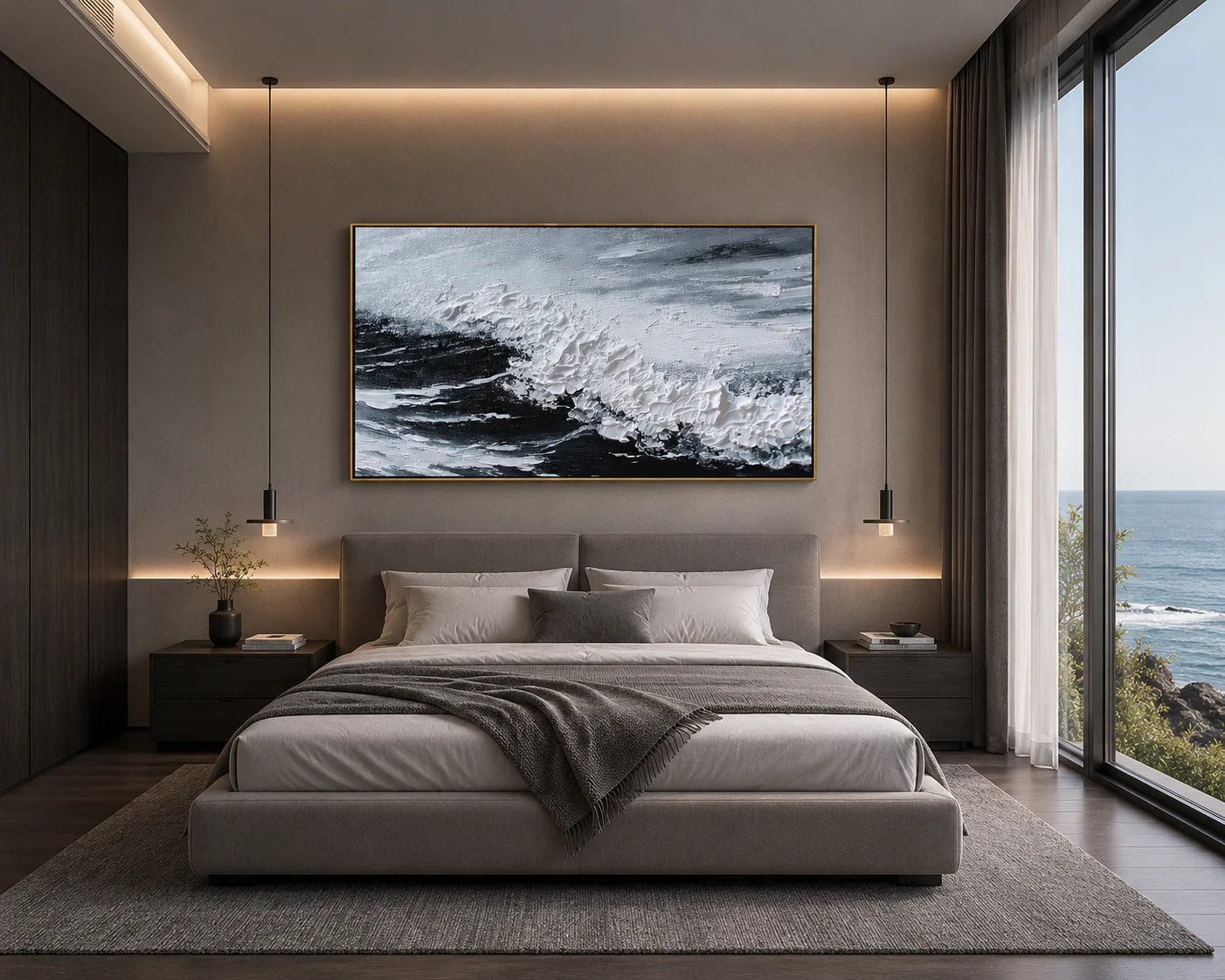 Black and White Ocean Wave Painting – Modern Textured Coastal Wall Art#OA 0906