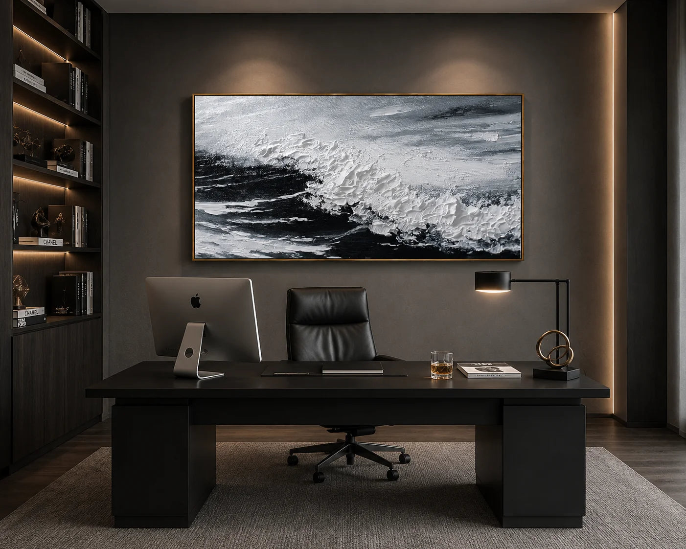 Black and White Ocean Wave Painting – Modern Textured Coastal Wall Art#OA 0906