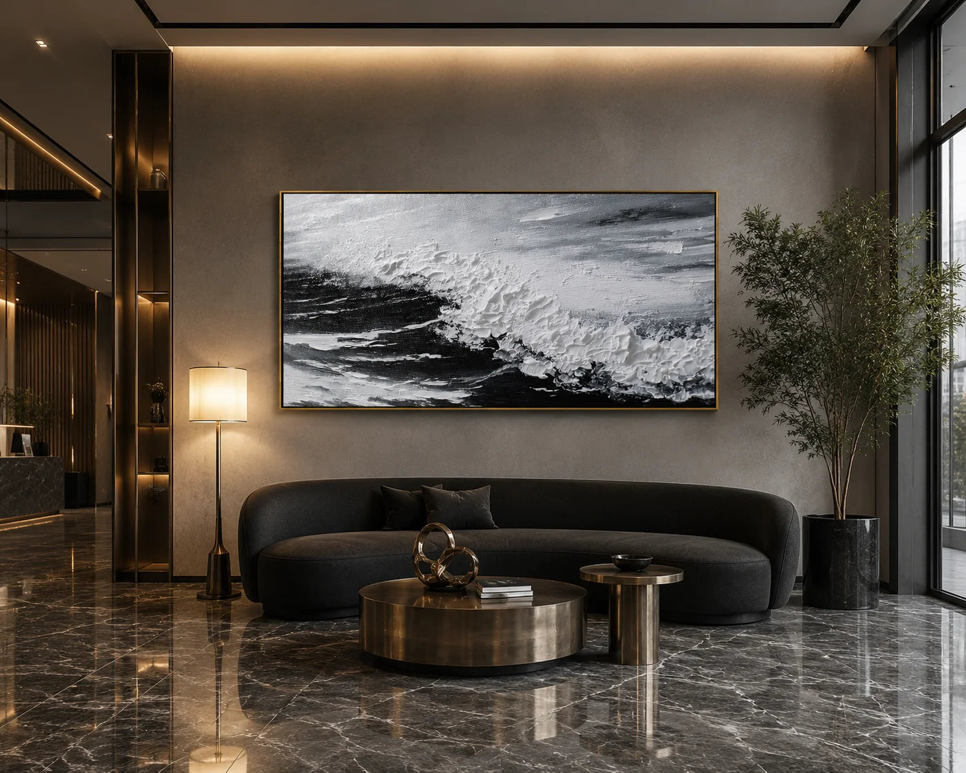 Black and White Ocean Wave Painting – Modern Textured Coastal Wall Art#OA 0906