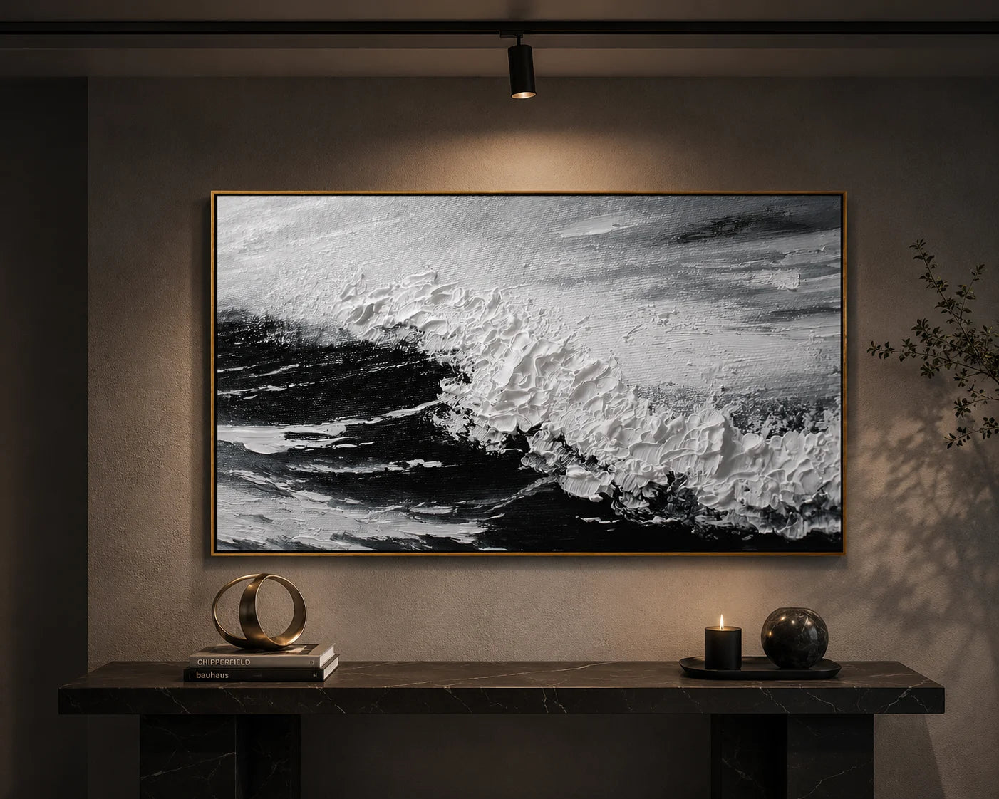 Black and White Ocean Wave Painting – Modern Textured Coastal Wall Art#OA 0906