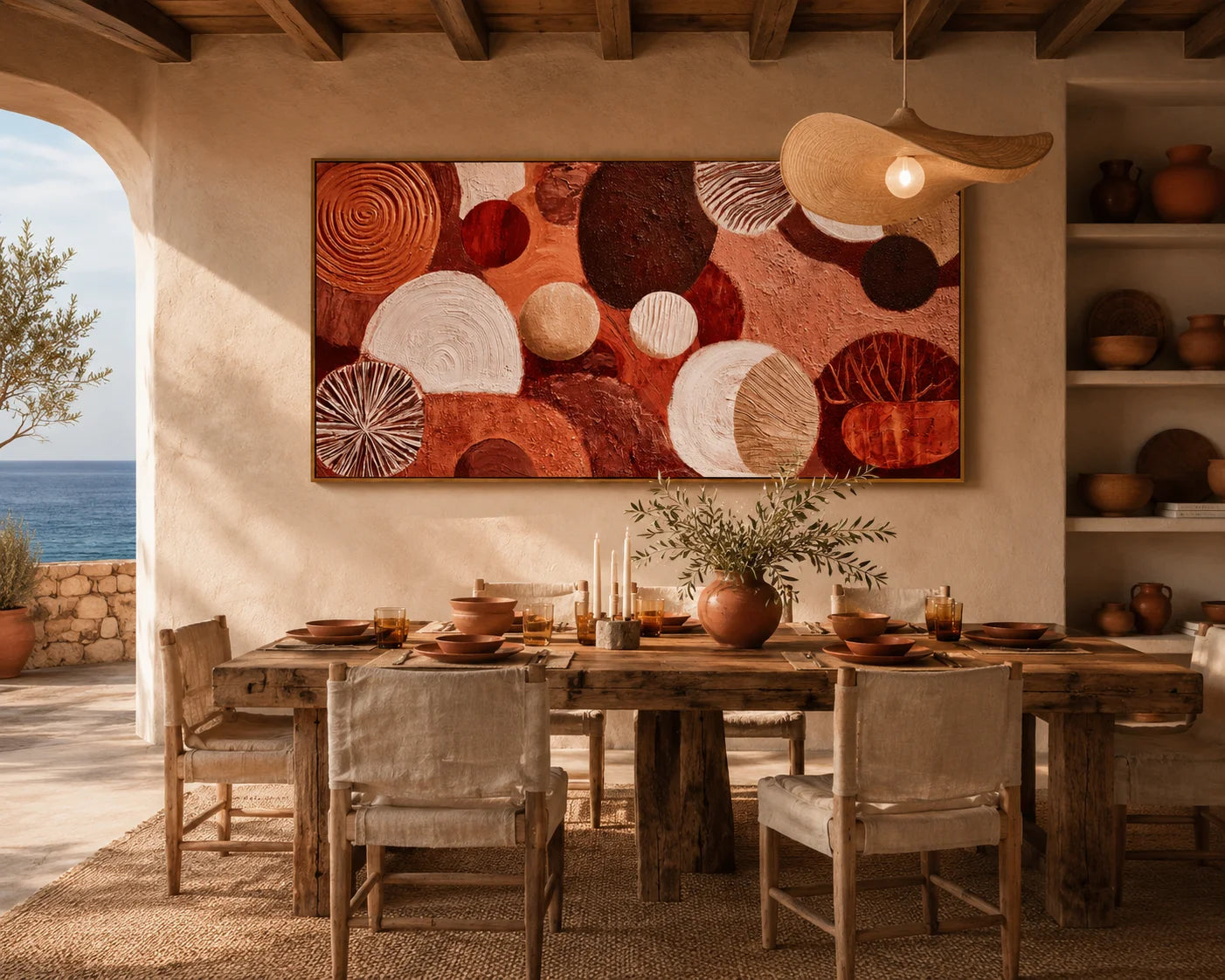 Large Abstract Circle Canvas Wall Art – Boho Earth Tone Textured Painting for Modern Living Room Decor#OA 0837