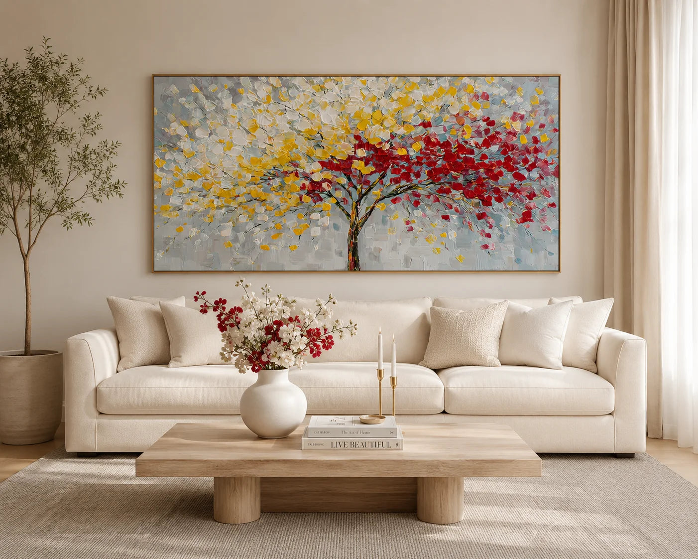Large Colorful Tree Abstract Wall Art – Red Yellow Textured Canvas for Modern Living Room Decor#OA 0830