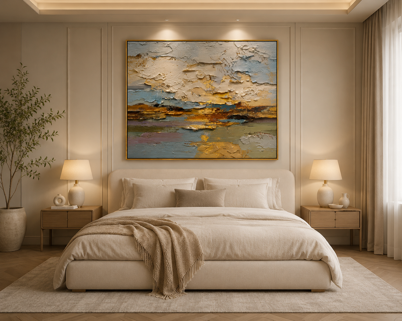 Textured Abstract Gold Oil Painting – Modern Neutral Wall Art#OA 0900
