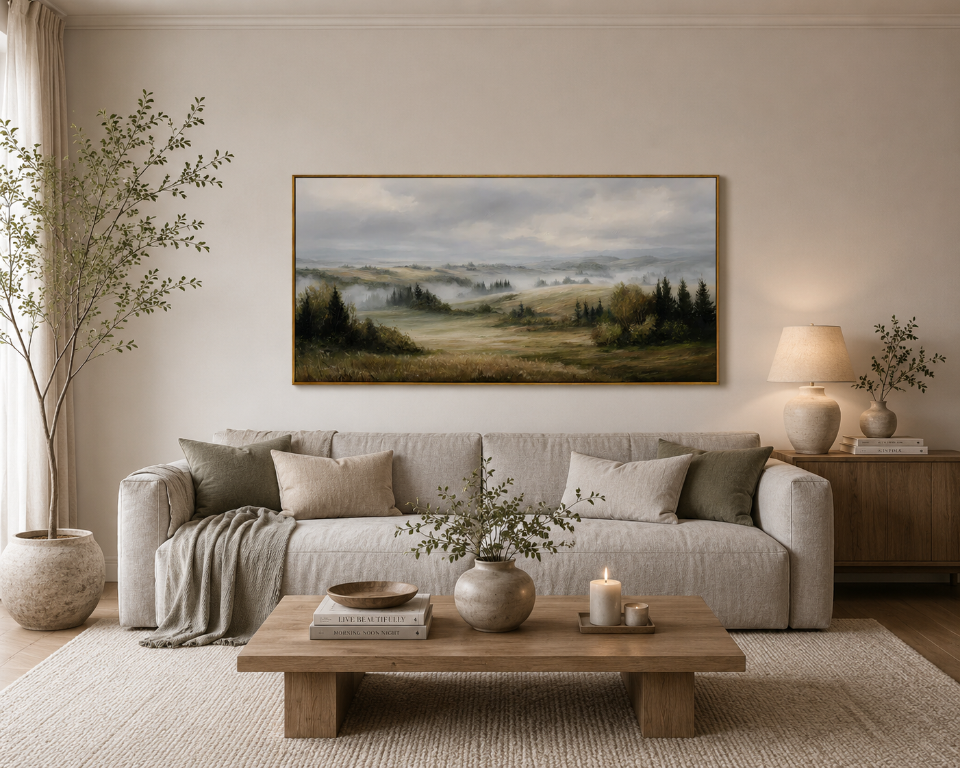 Misty Countryside Landscape Painting – Panoramic Neutral Nature Wall Art#OA 0899