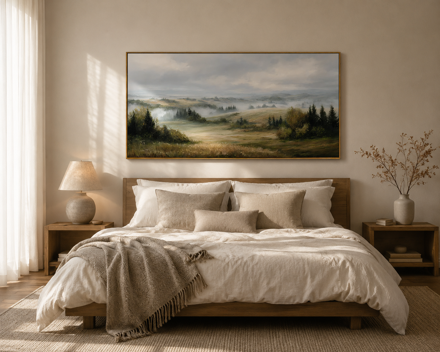 Misty Countryside Landscape Painting – Panoramic Neutral Nature Wall Art#OA 0899