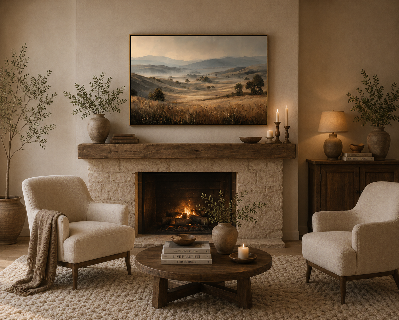 Misty Golden Meadow Landscape Painting – Neutral Countryside Wall Art#OA 0897