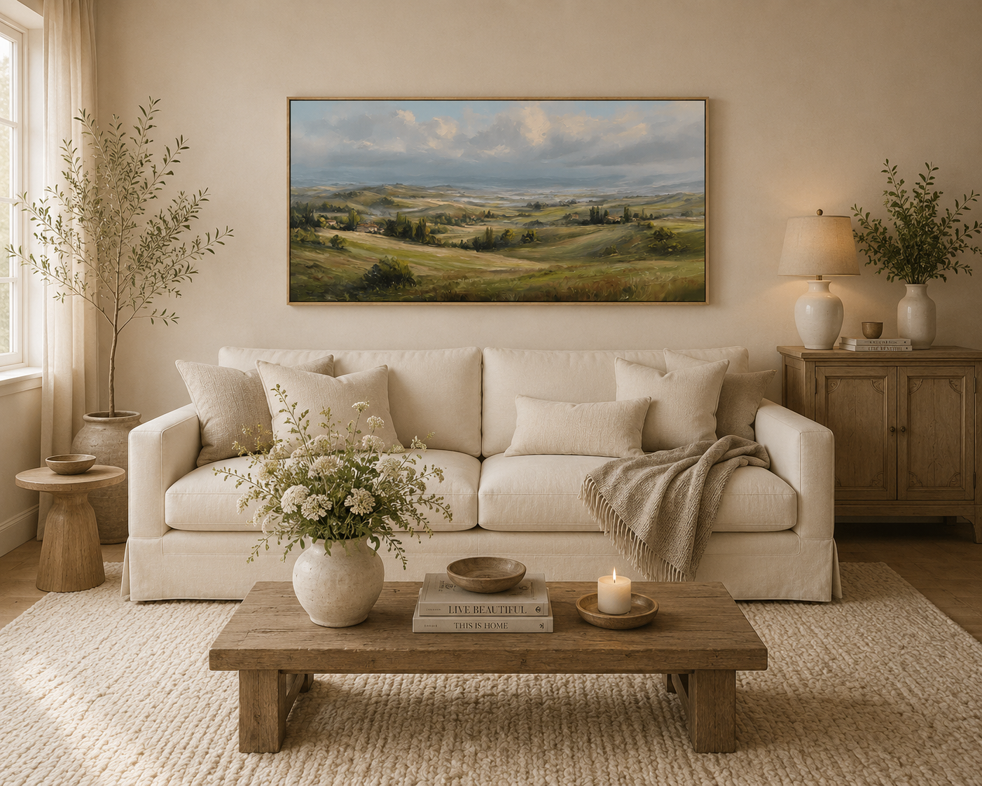 Panoramic Tuscany Landscape Painting – Rolling Hills Countryside Wall Art#0896
